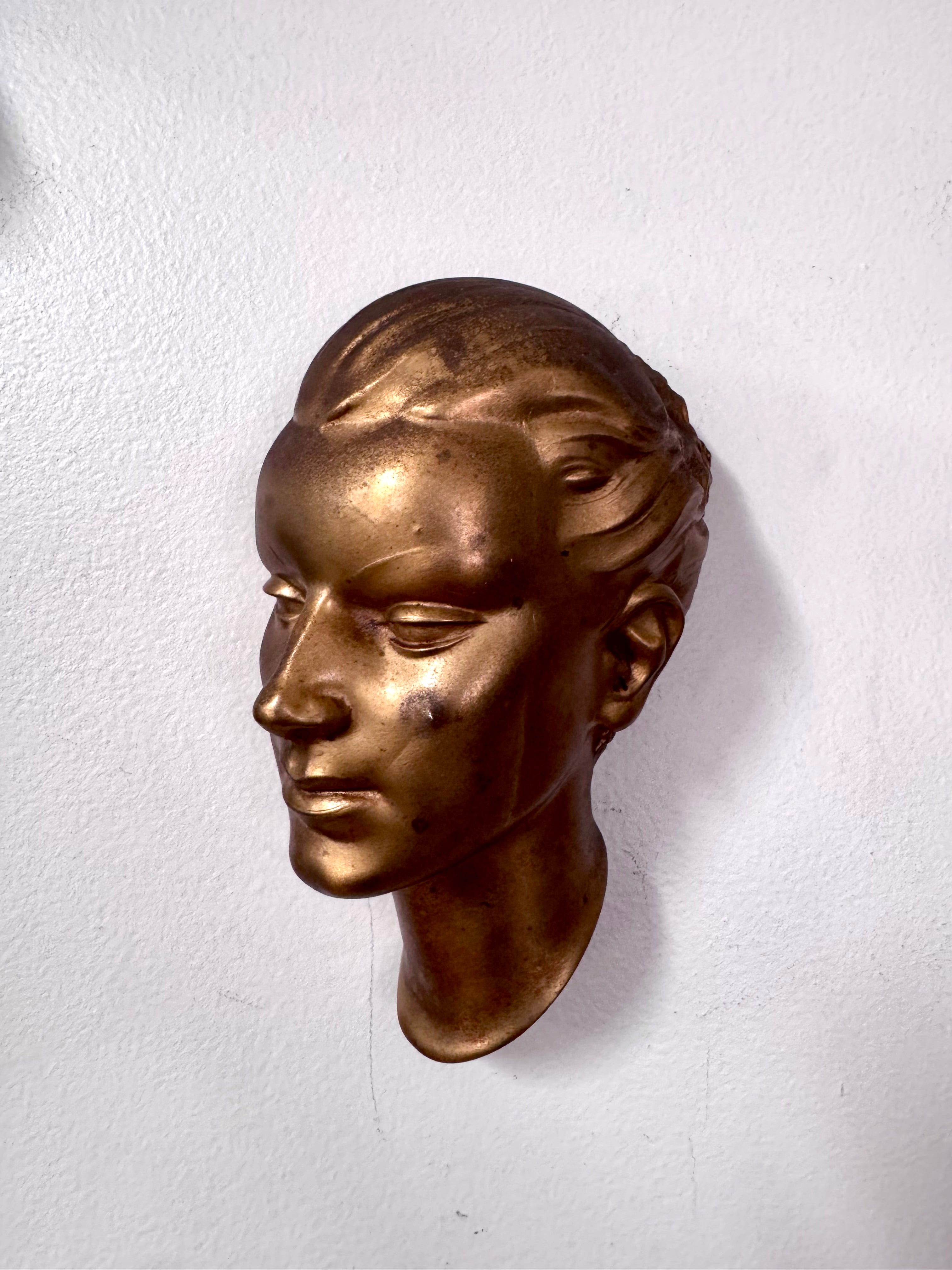 Vtg Art Deco Signed Frankart Female Head Cast Metal Wall Hanging