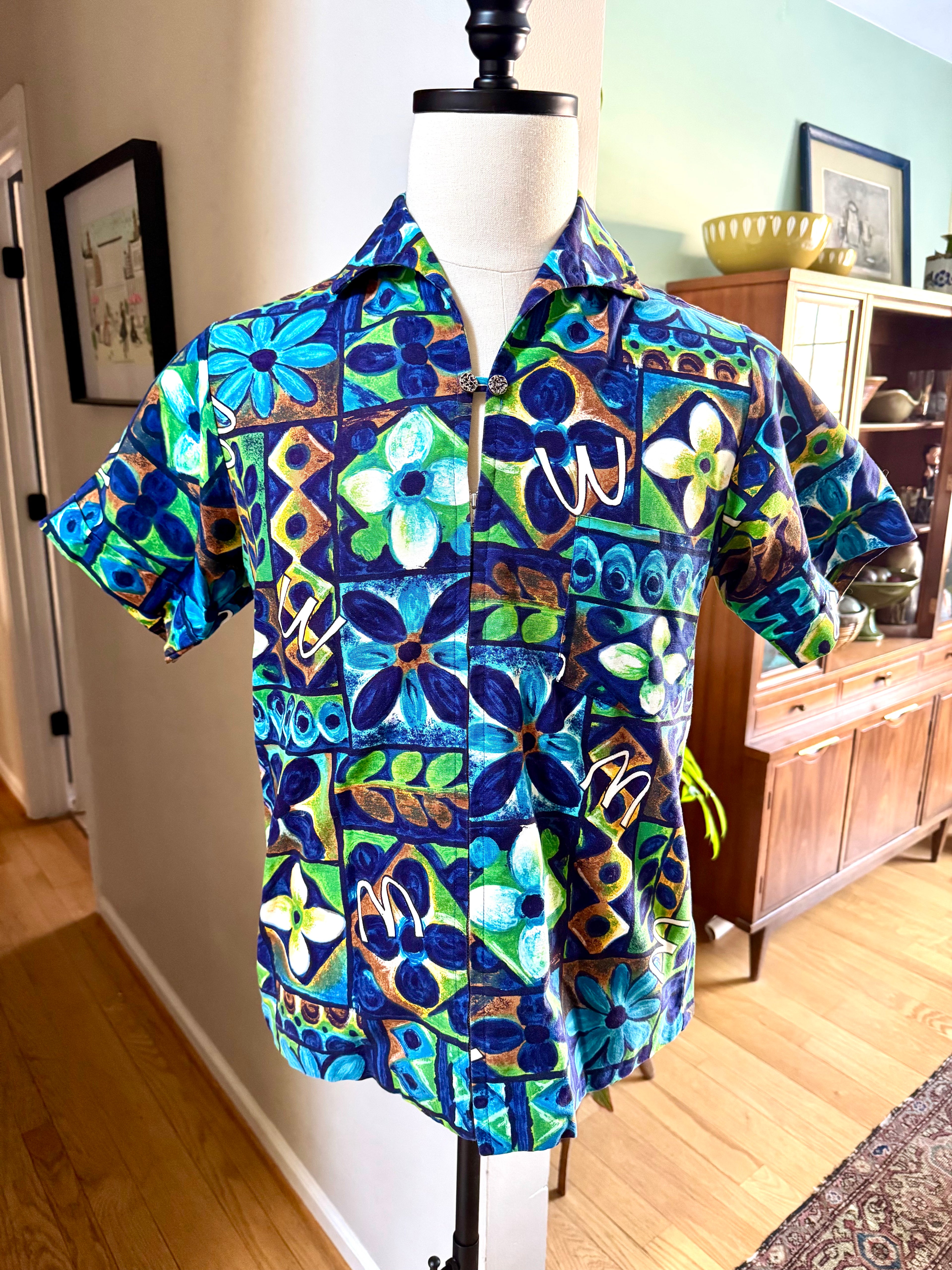 1960s Hawaiian McDonalds Uniform Shirt - Hawaiian Barkcloth By Hanakaki