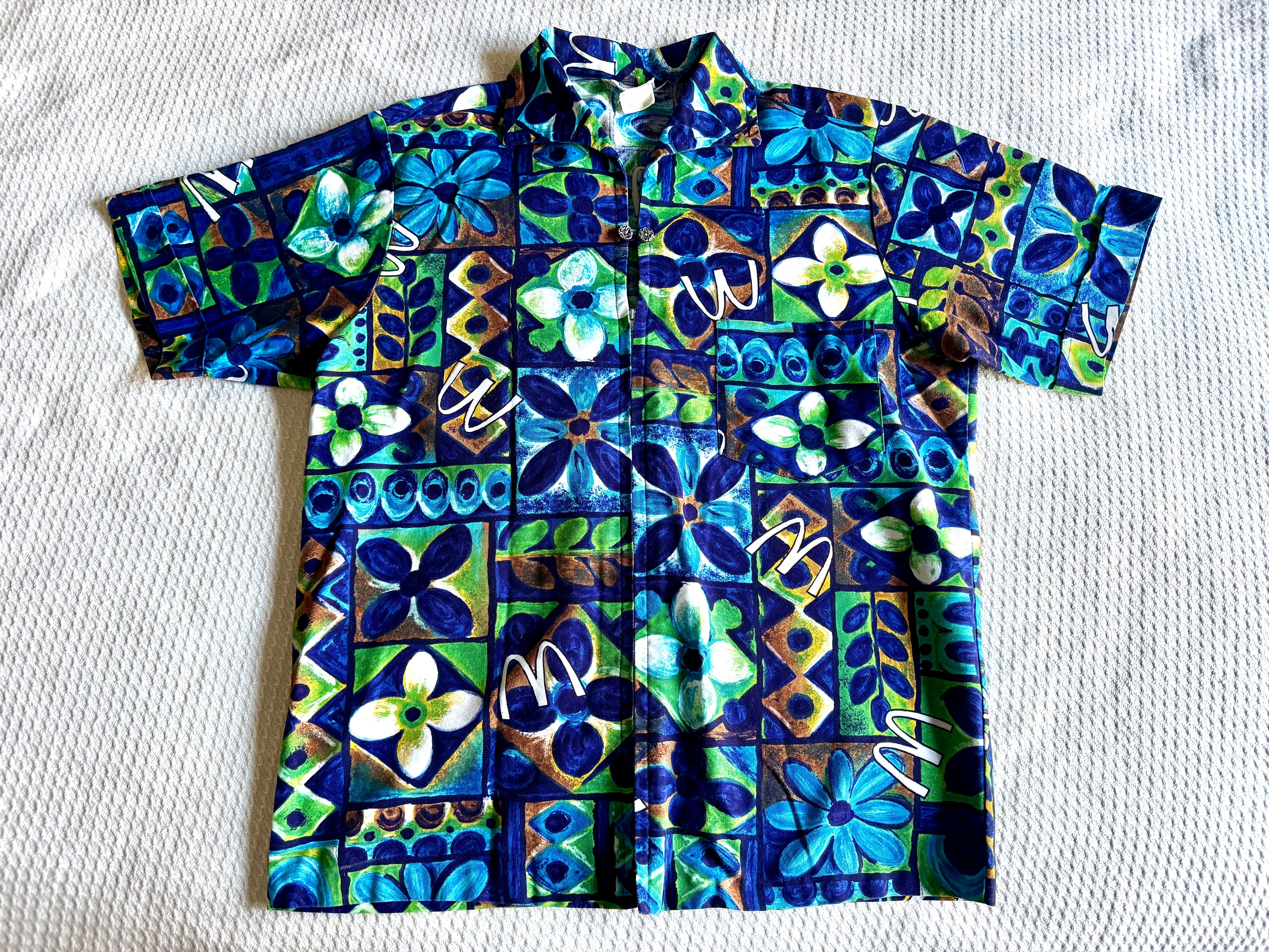 1960s Hawaiian McDonalds Uniform Shirt - Hawaiian Barkcloth By Hanakaki