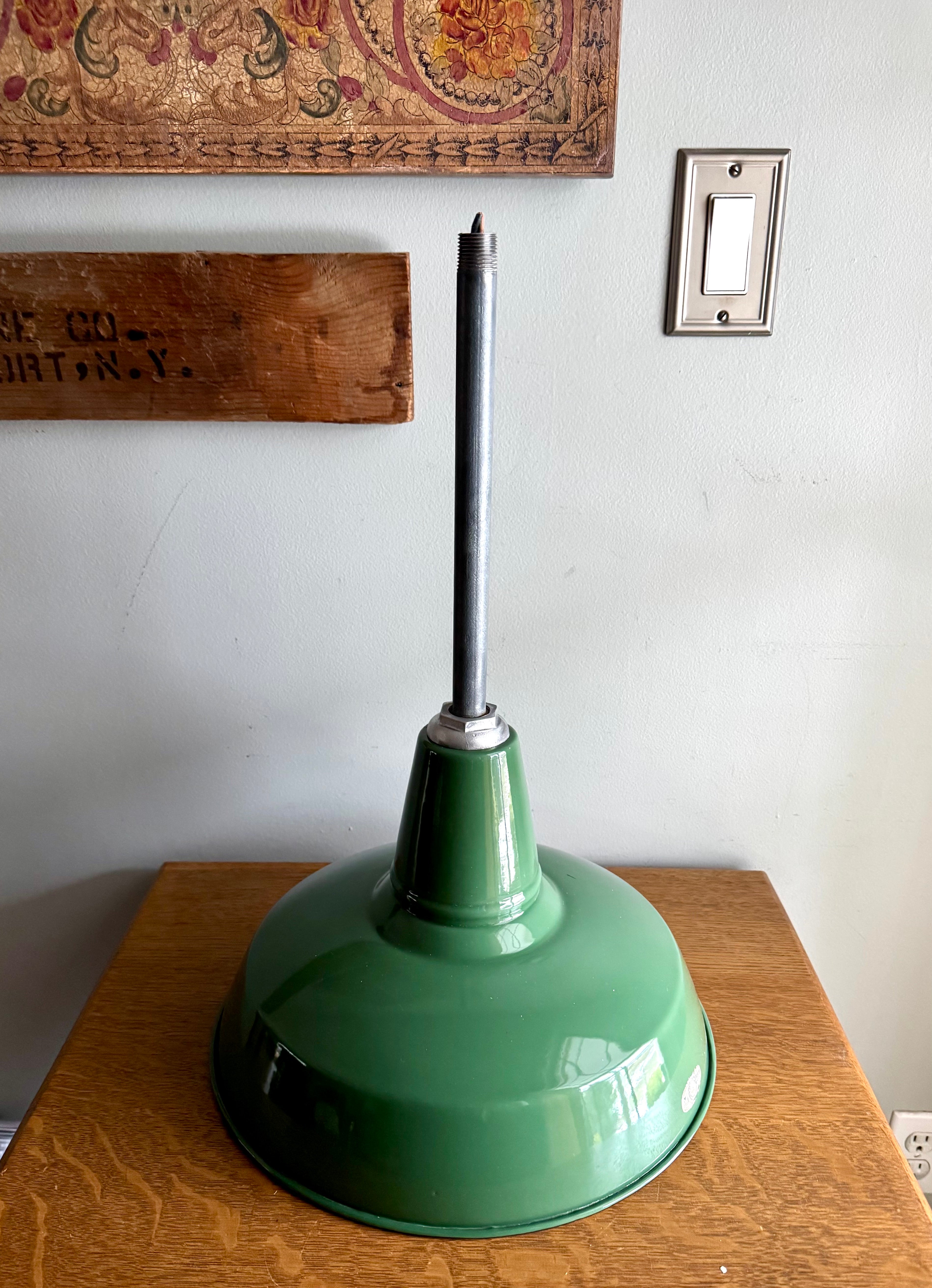1930's Green Porcelain Industrial Pendant Lamp | 14" Wheeler Enamel Metal Shade Pendant Lamp