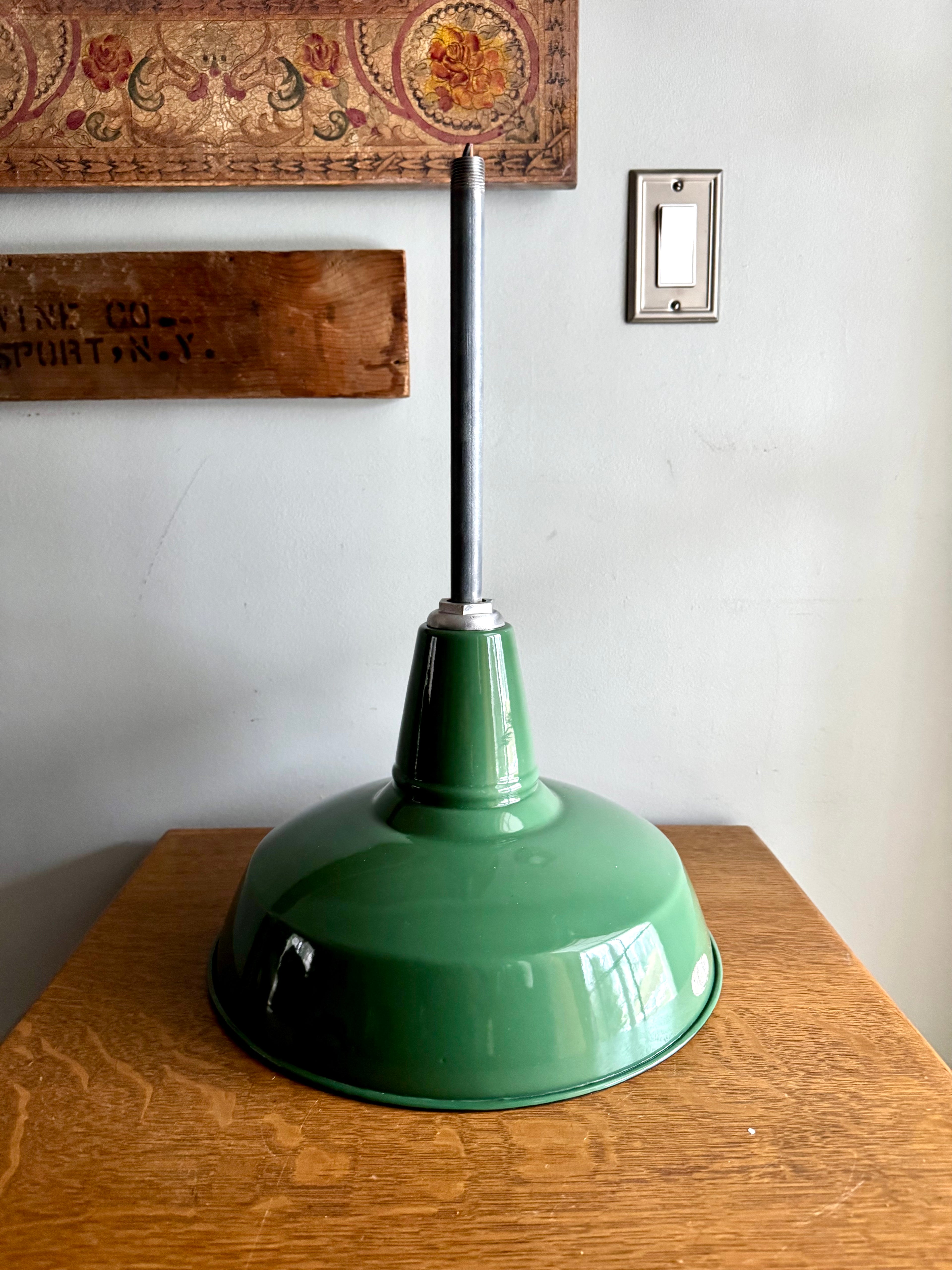 1930's Green Porcelain Industrial Pendant Lamp | 14" Wheeler Enamel Metal Shade Pendant Lamp