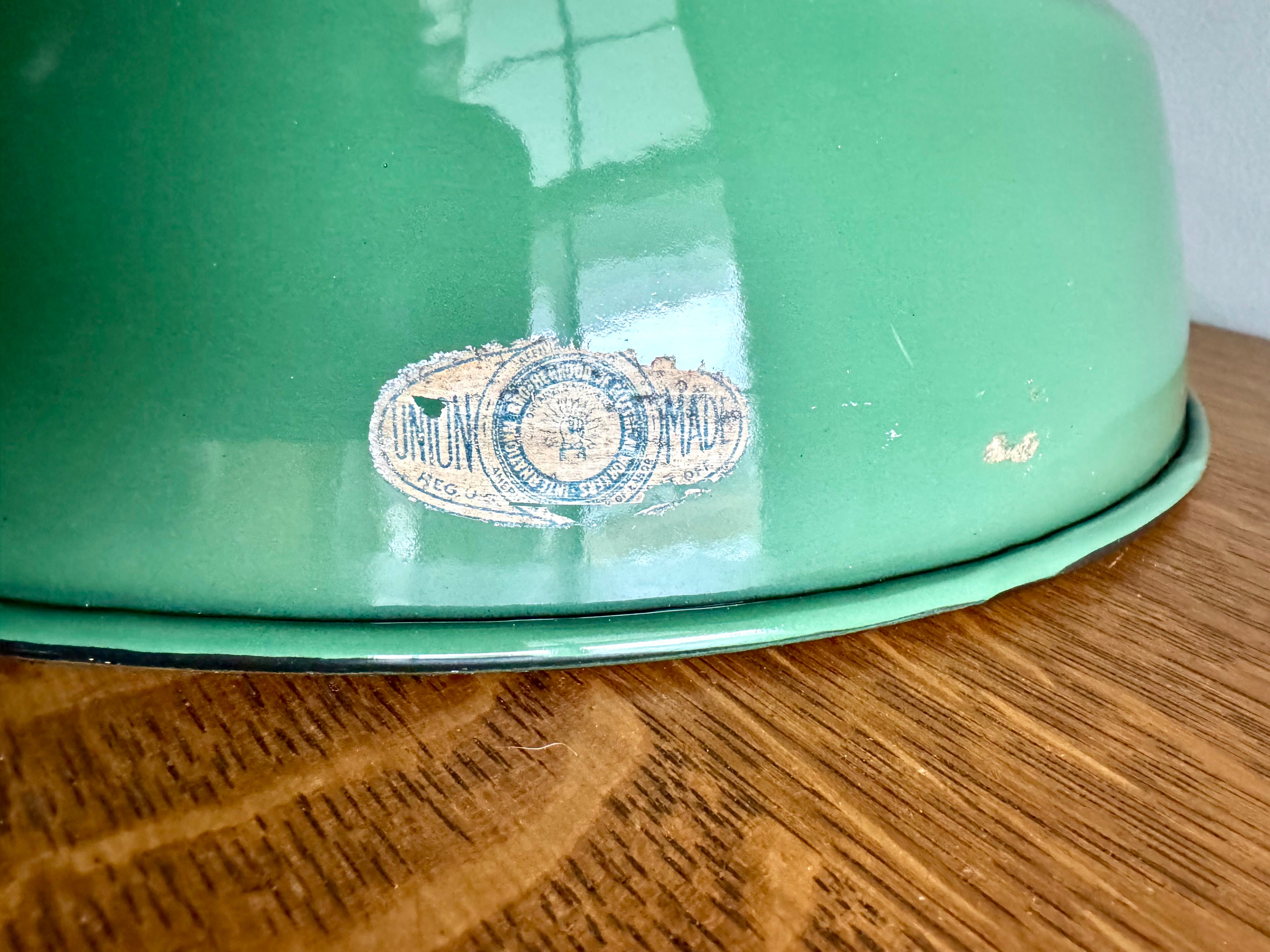 1930's Green Porcelain Industrial Pendant Lamp | 14" Wheeler Enamel Metal Shade Pendant Lamp