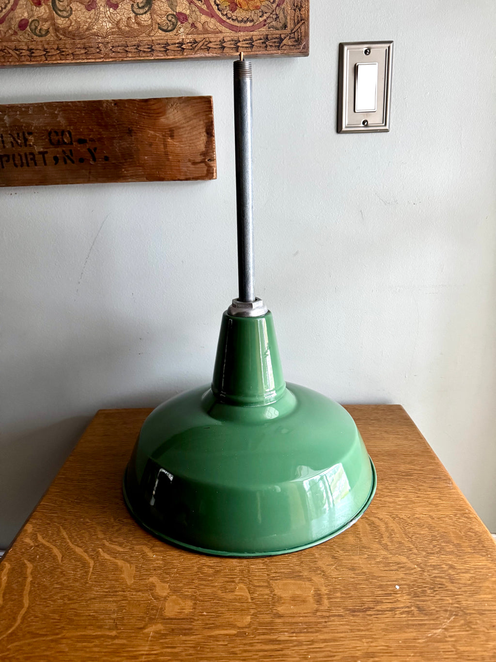 1930's Green Porcelain Industrial Pendant Lamp | 14" Wheeler Enamel Metal Shade Pendant Lamp