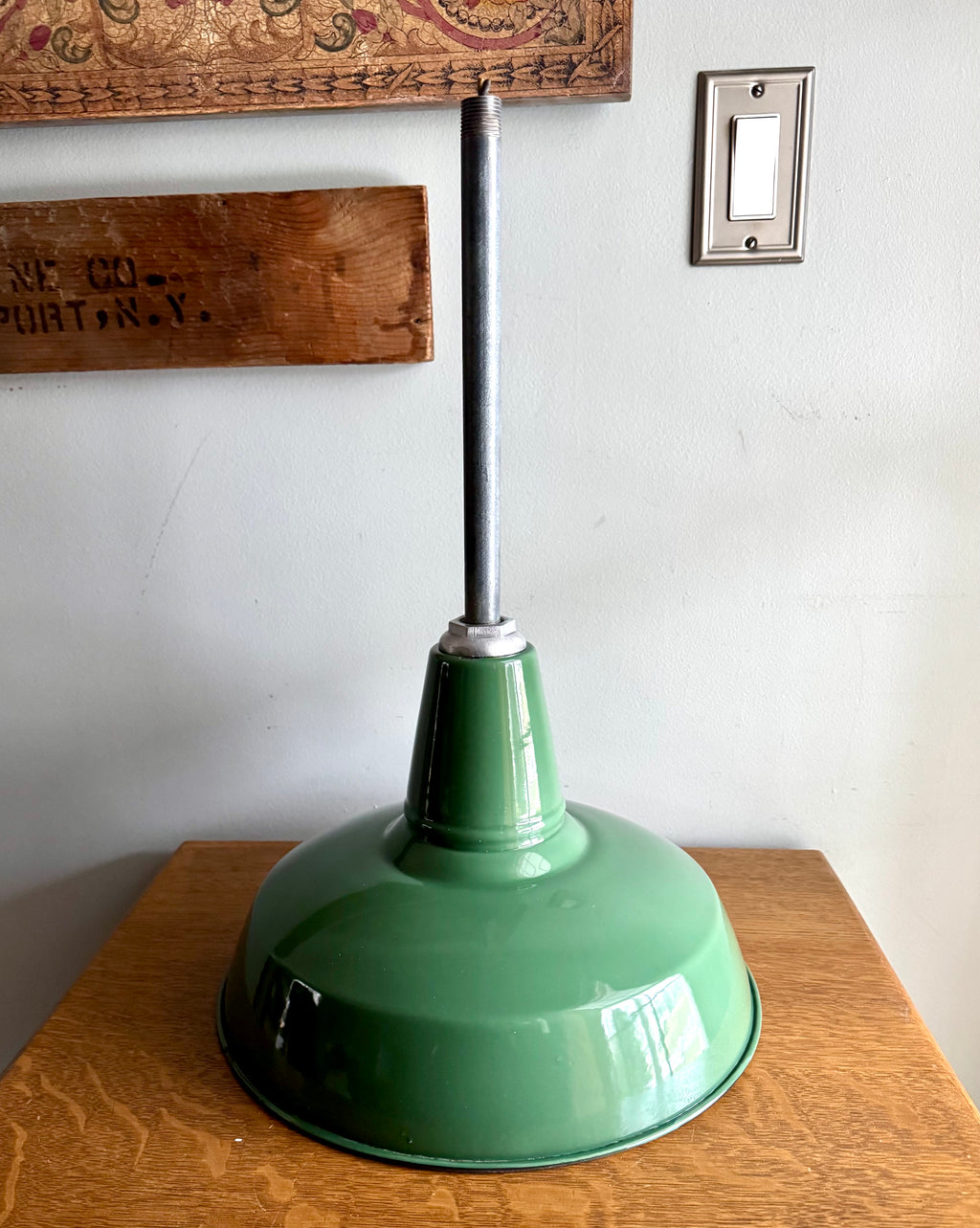 1930's Green Porcelain Industrial Pendant Lamp | 14" Wheeler Enamel Metal Shade Pendant Lamp