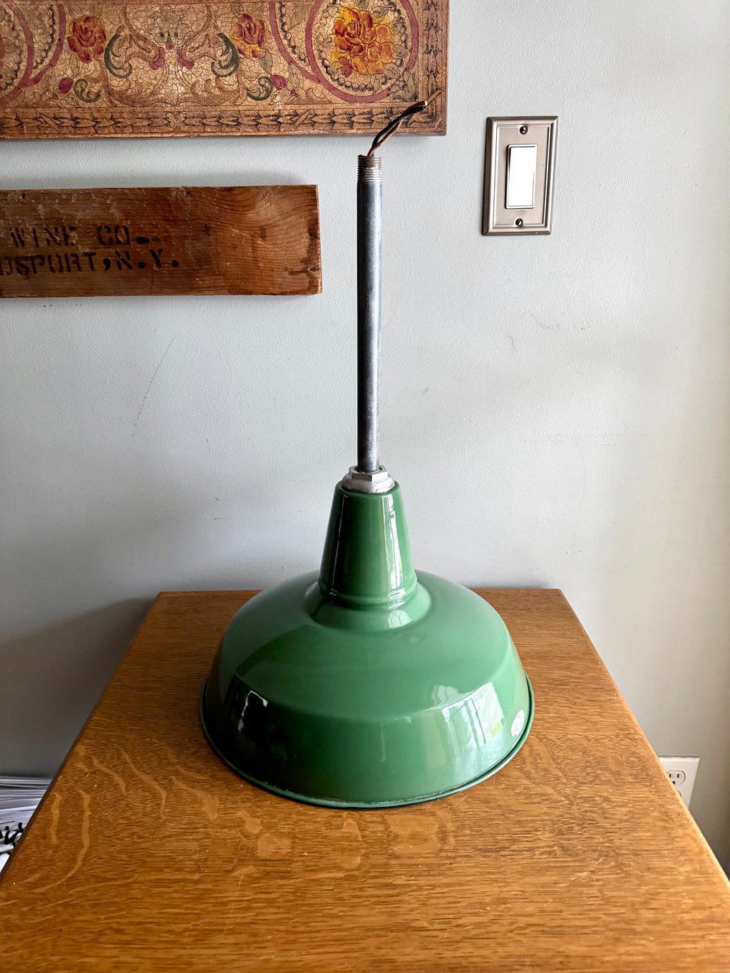 1930's Green Porcelain Industrial Pendant Lamp | 14" Wheeler Enamel Metal Shade Pendant Lamp