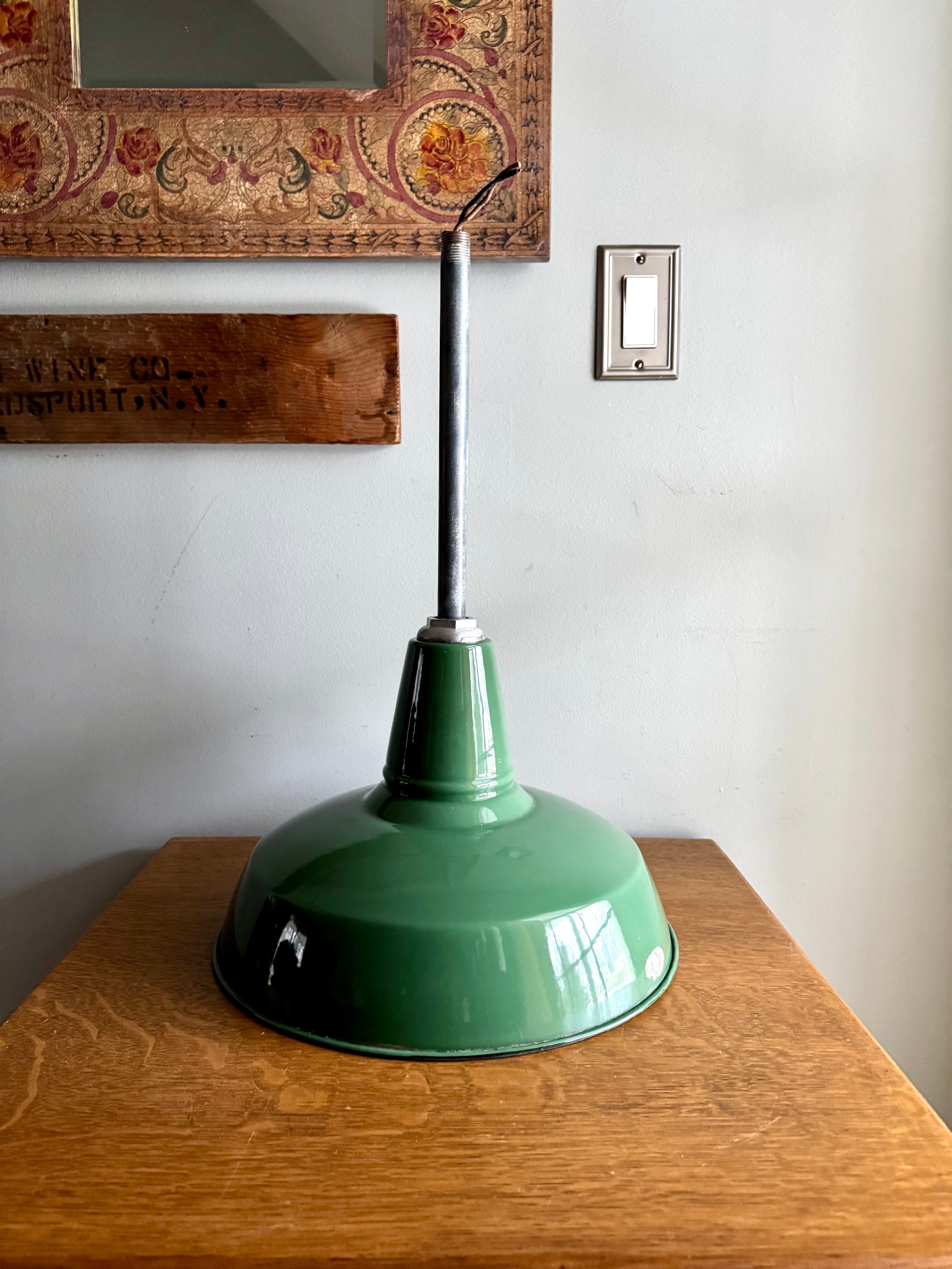 1930's Green Porcelain Industrial Pendant Lamp | 14" Wheeler Enamel Metal Shade Pendant Lamp