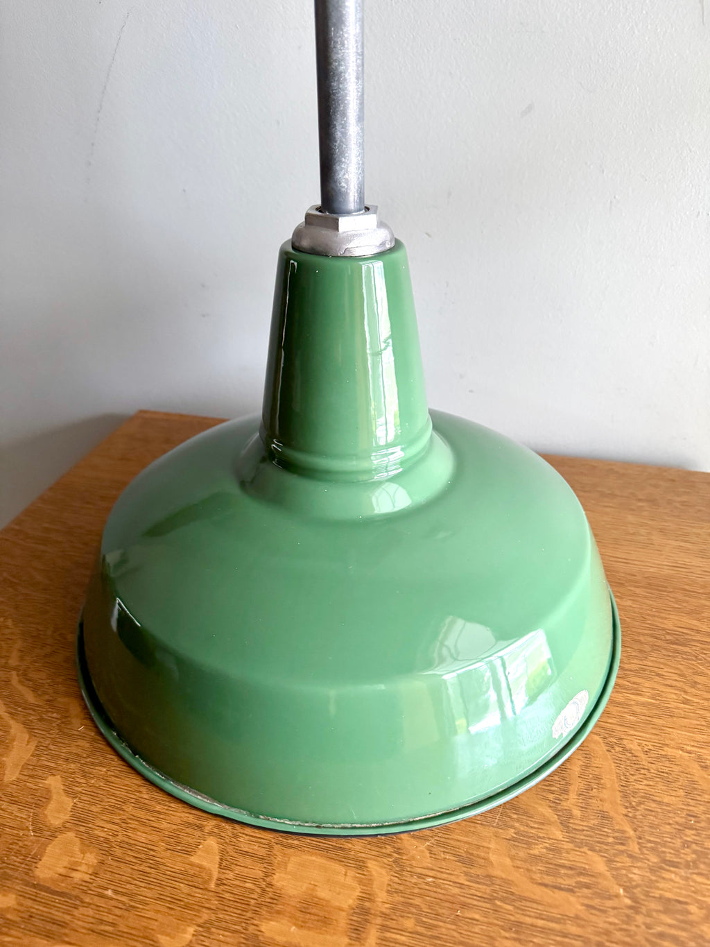 1930's Green Porcelain Industrial Pendant Lamp | 14" Wheeler Enamel Metal Shade Pendant Lamp