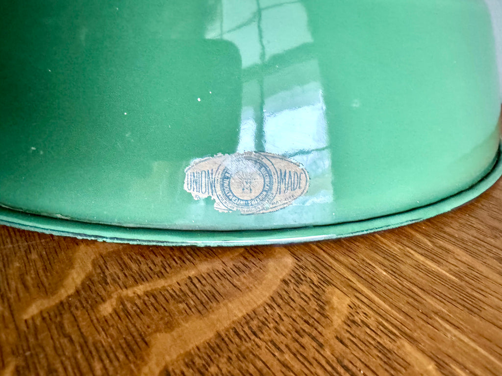 1930's Green Porcelain Industrial Pendant Lamp | 14" Wheeler Enamel Metal Shade Pendant Lamp