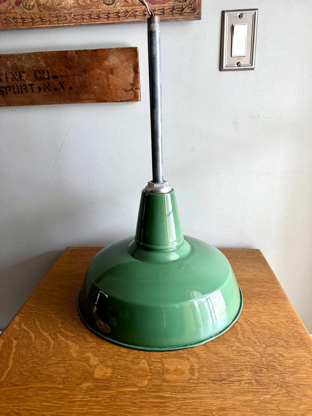 1930's Green Porcelain Industrial Pendant Lamp | 14" Wheeler Enamel Metal Shade Pendant Lamp