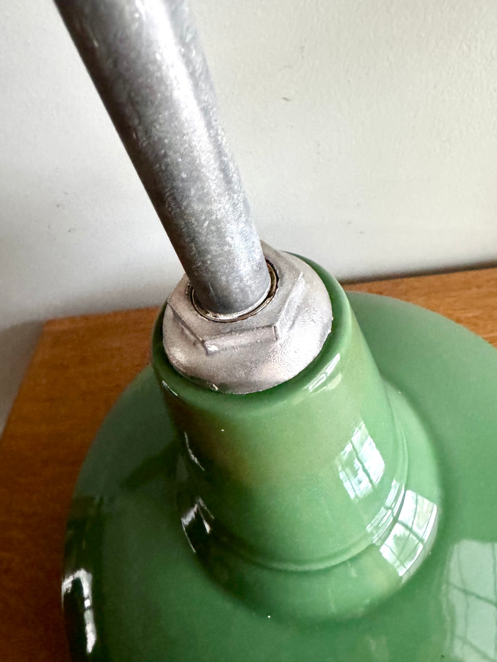 1930's Green Porcelain Industrial Pendant Lamp | 14" Wheeler Enamel Metal Shade Pendant Lamp