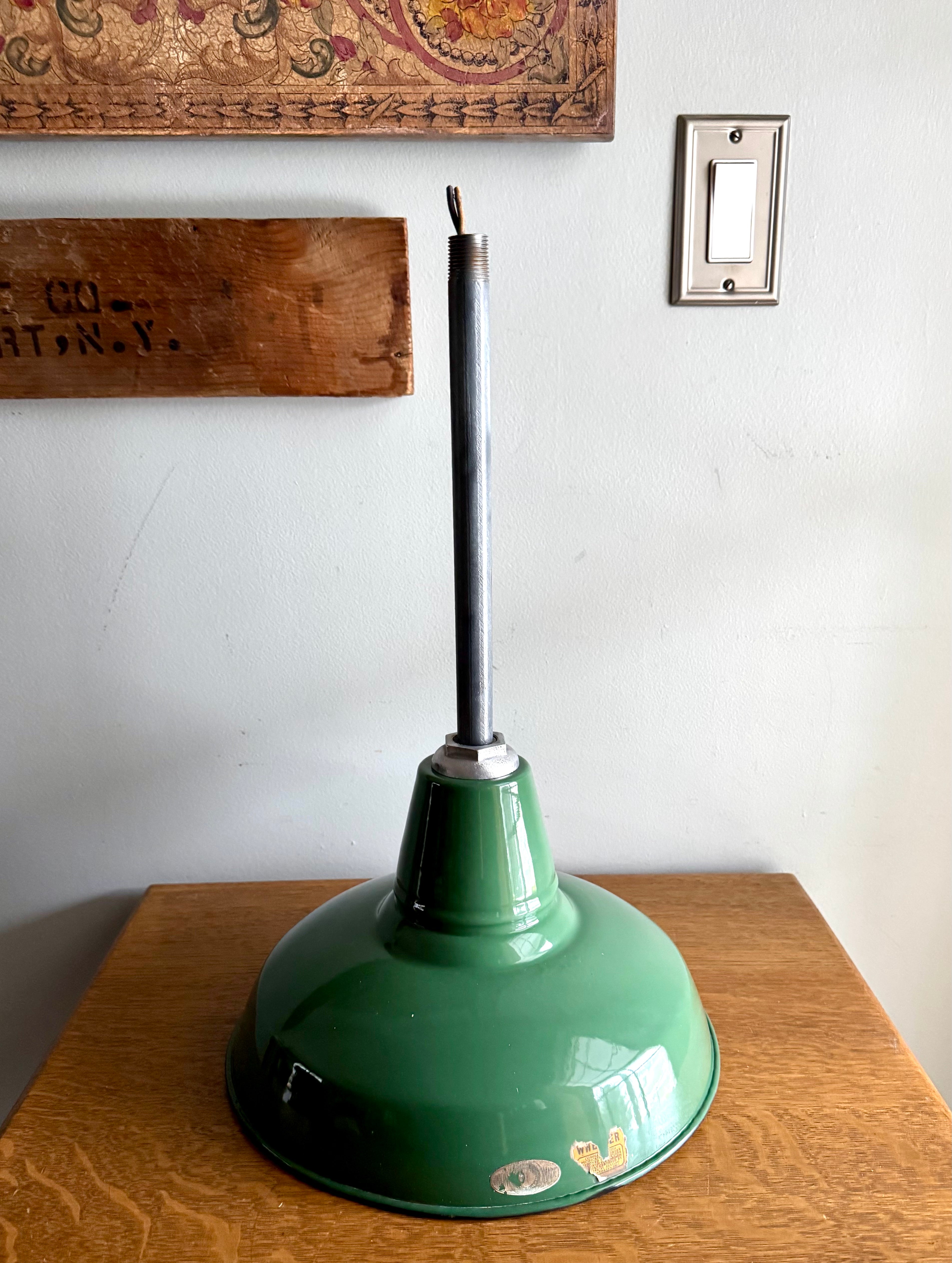 1930's Green Porcelain Industrial Pendant Lamp | 12" Wheeler Enamel Metal Shade Pendant Lamp (11 Available)