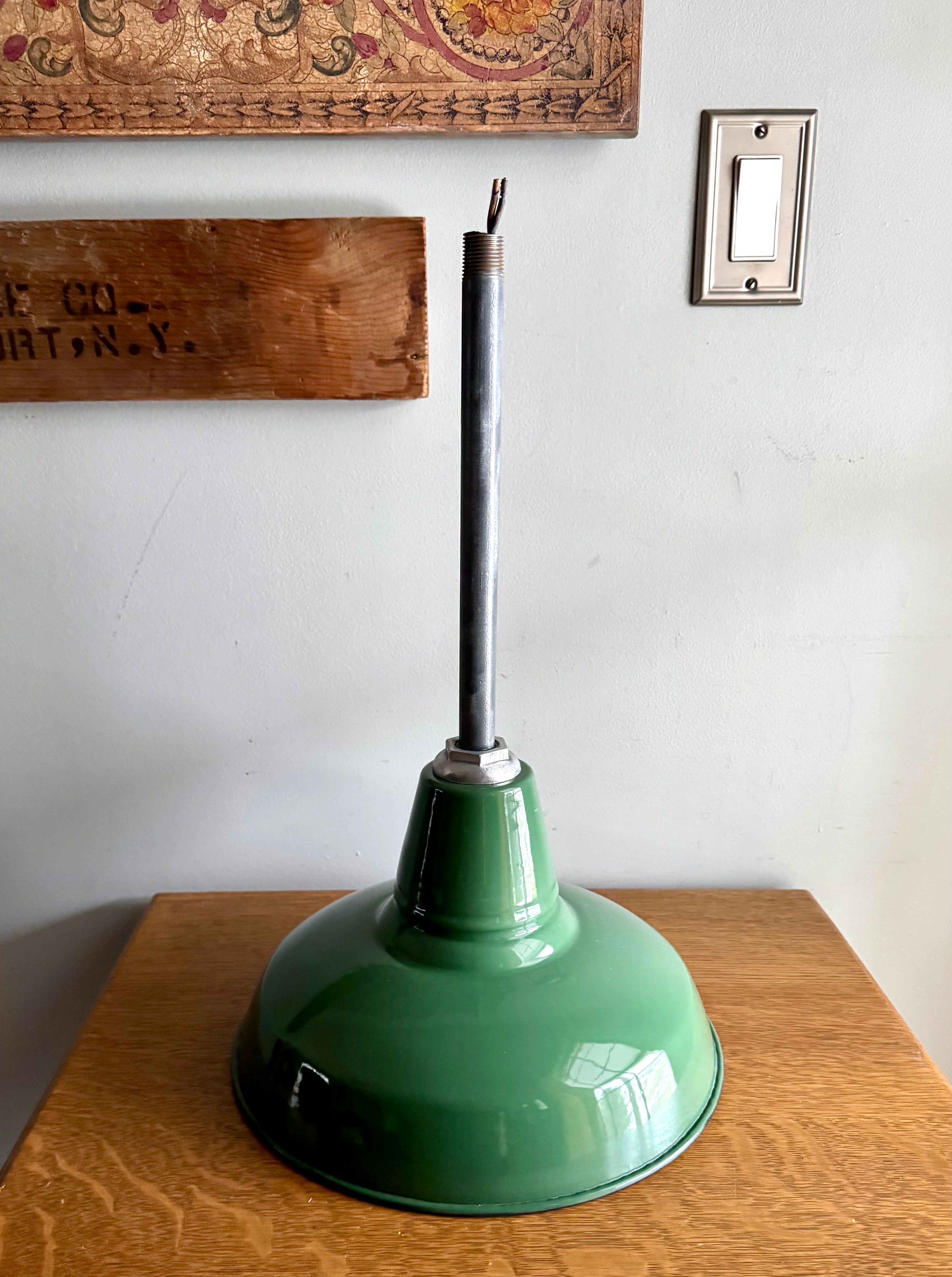 1930's Green Porcelain Industrial Pendant Lamp | 12" Wheeler Enamel Metal Shade Pendant Lamp (11 Available)