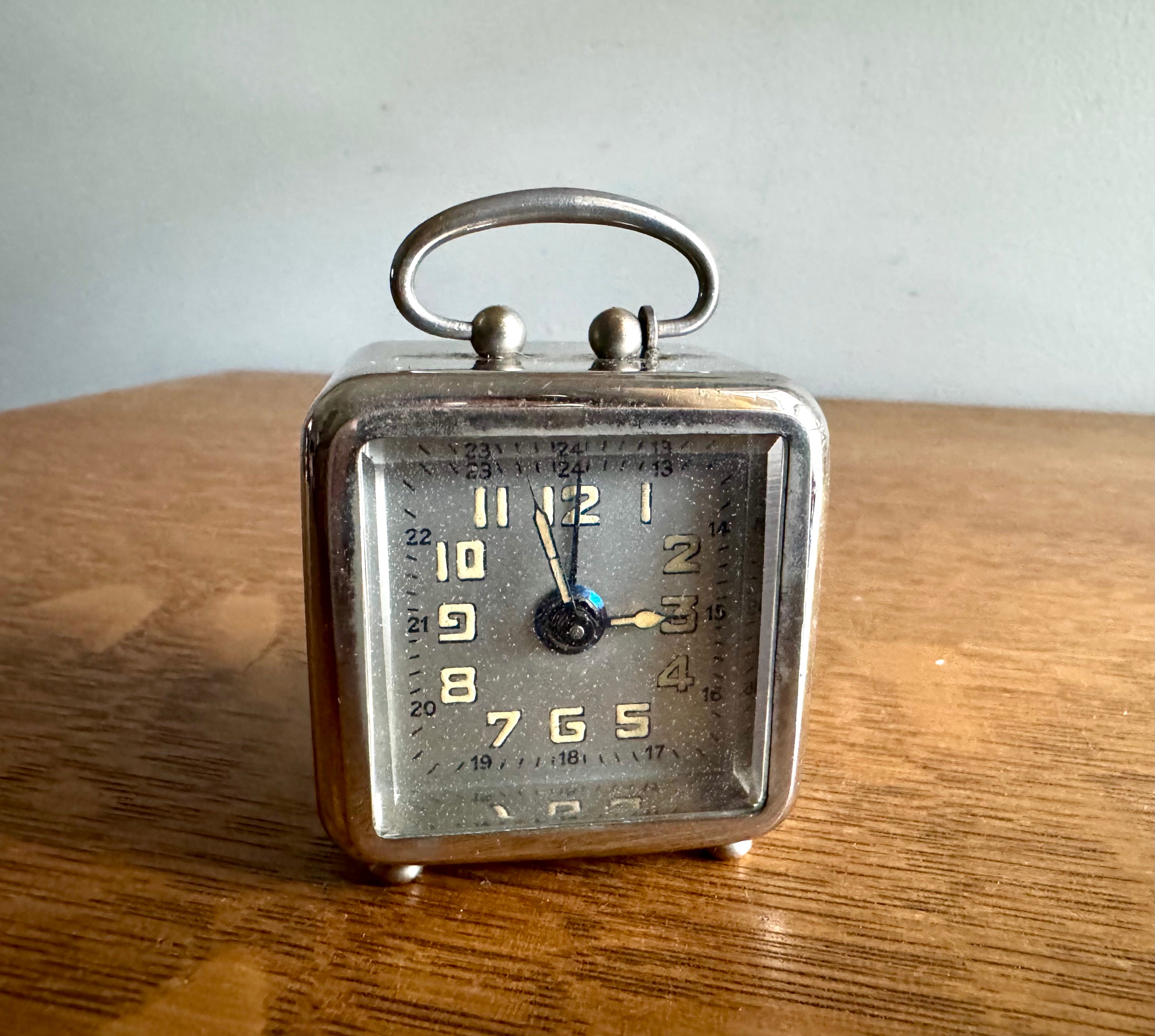 1930's Miniature Chrome Alarm Clock | Chrome Art Deco Traveling Alarm Clock