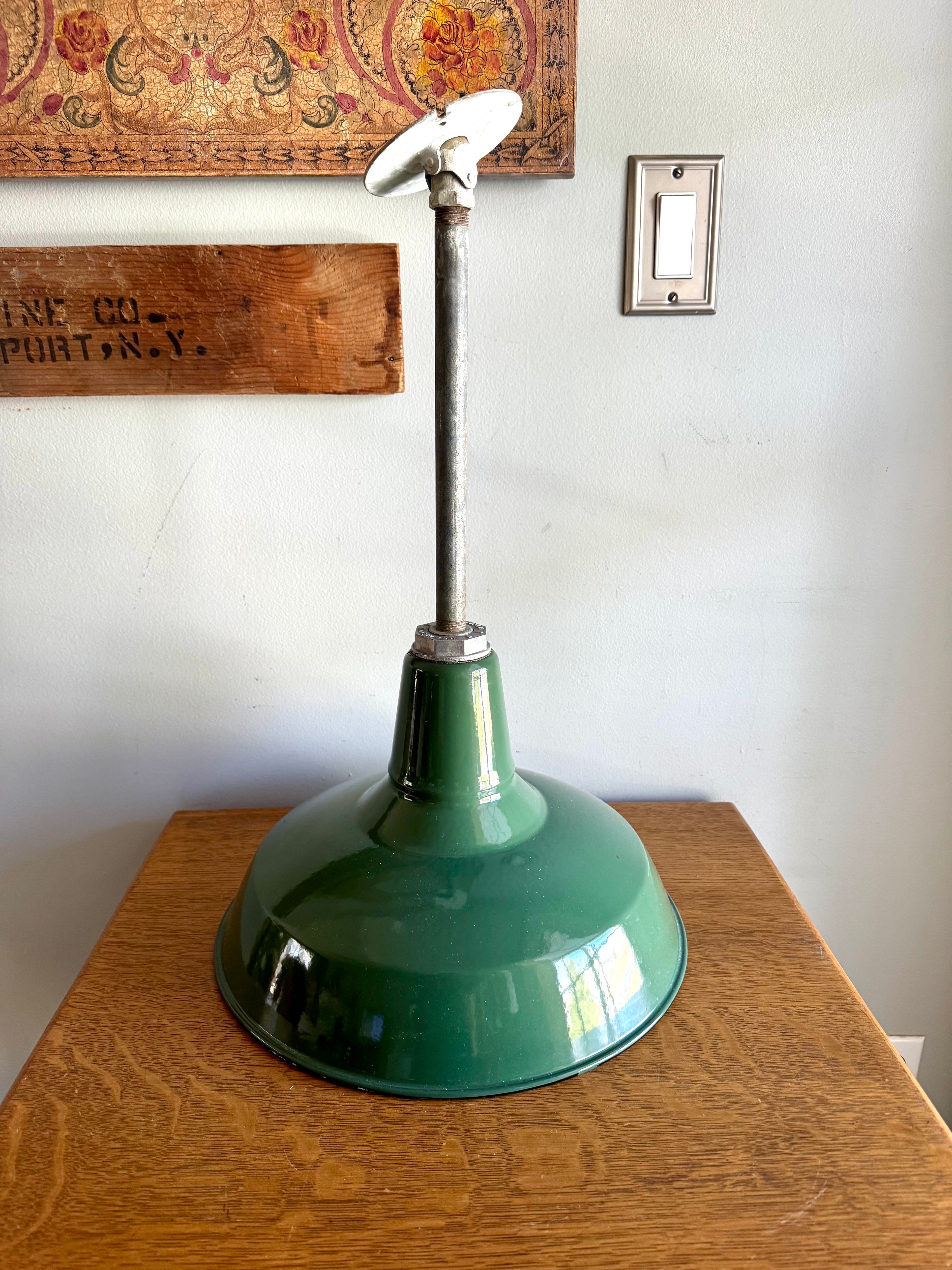 1930's Green Porcelain Industrial Pendant Lamp | 14" Benjamin Enamel Metal Shade Pendant Lamp (2 avail)