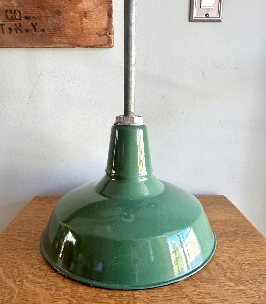 1930's Green Porcelain Industrial Pendant Lamp | 14" Benjamin Enamel Metal Shade Pendant Lamp (2 avail)