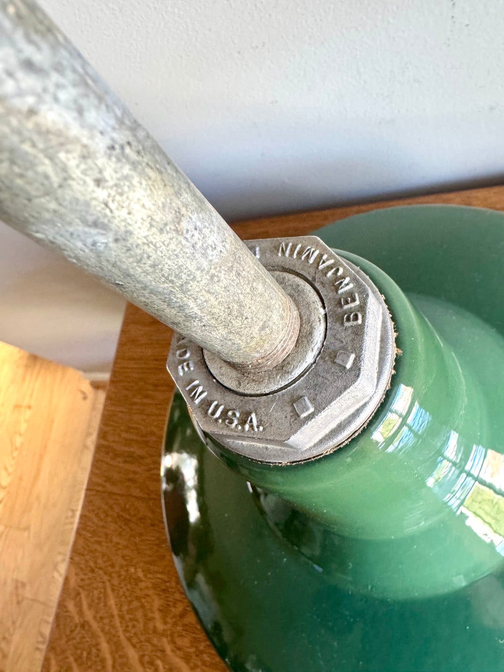 1930's Green Porcelain Industrial Pendant Lamp | 14" Benjamin Enamel Metal Shade Pendant Lamp (2 avail)