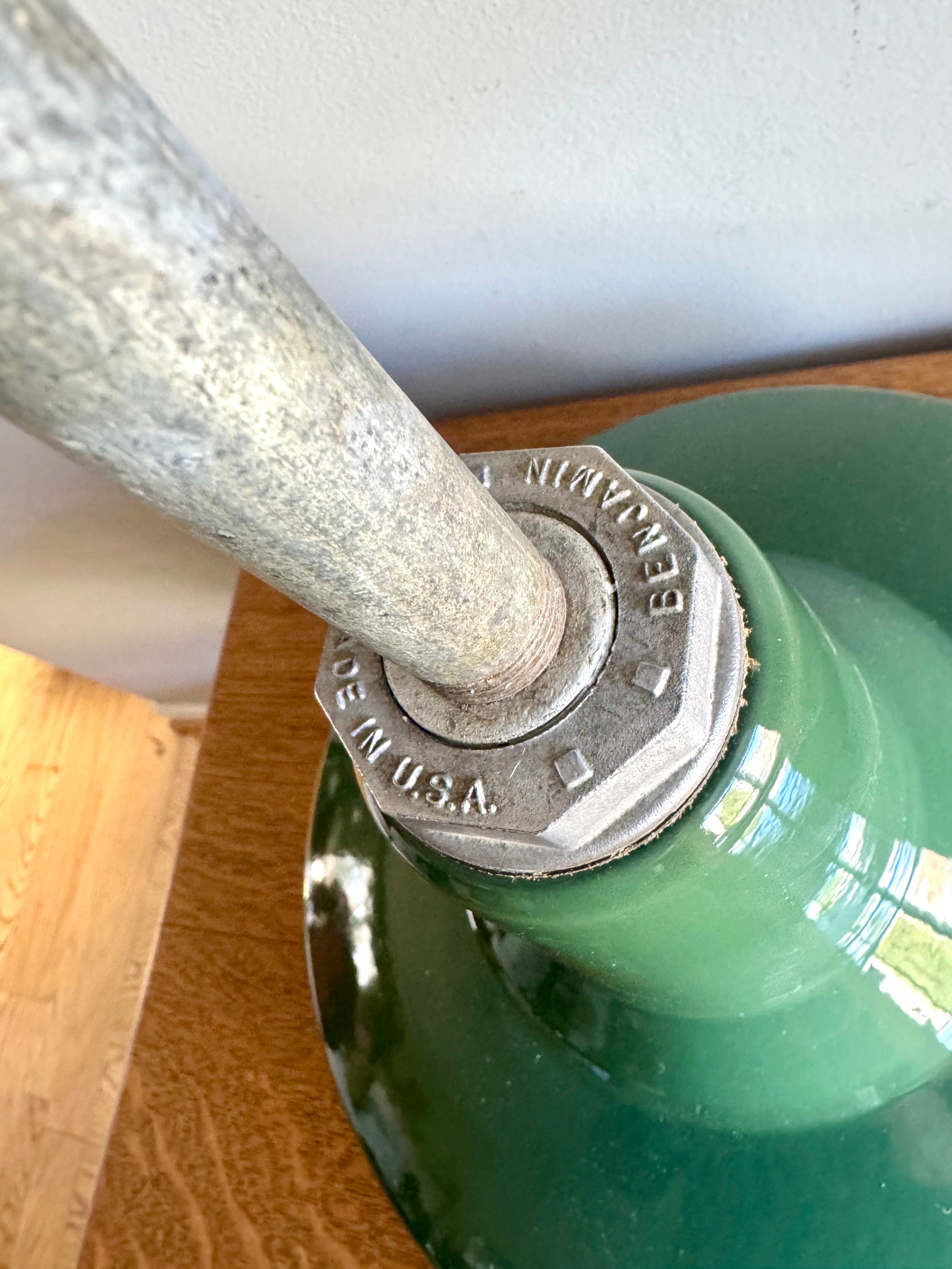 1930's Green Porcelain Industrial Pendant Lamp | 14" Benjamin Enamel Metal Shade Pendant Lamp (2 avail)