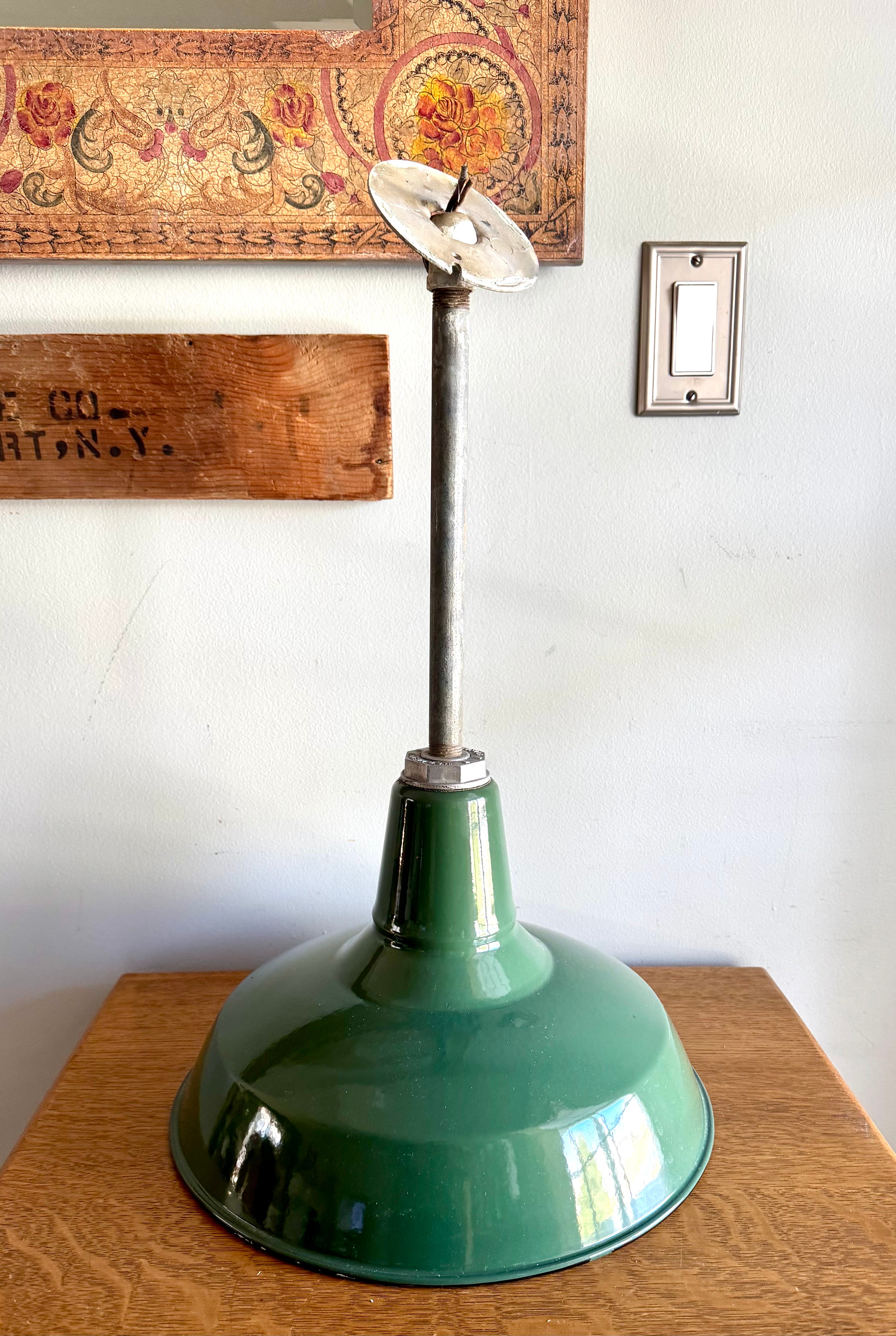 1930's Green Porcelain Industrial Pendant Lamp | 14" Benjamin Enamel Metal Shade Pendant Lamp (2 avail)