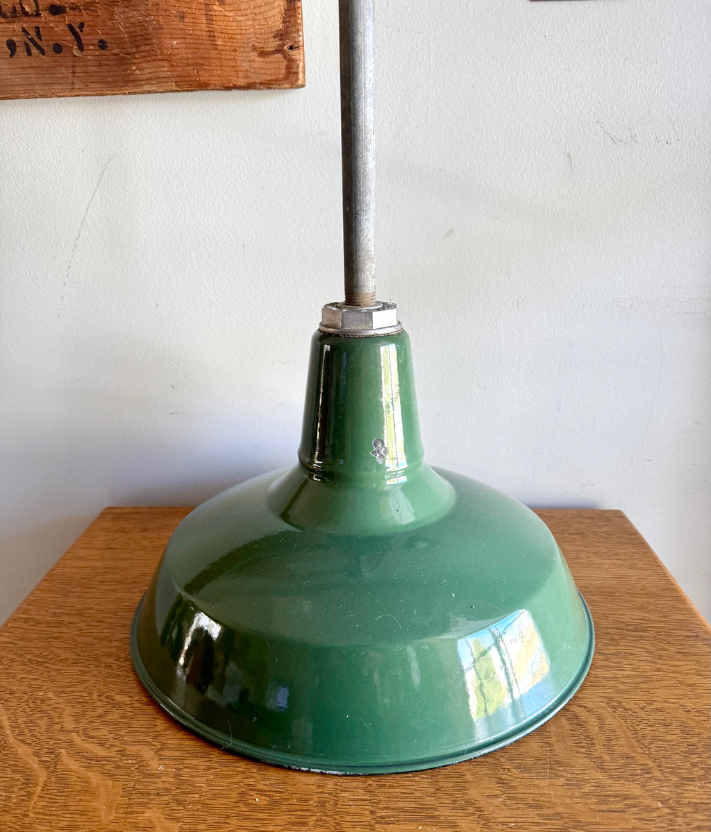 1930's Green Porcelain Industrial Pendant Lamp | 14" Benjamin Enamel Metal Shade Pendant Lamp (2 avail)