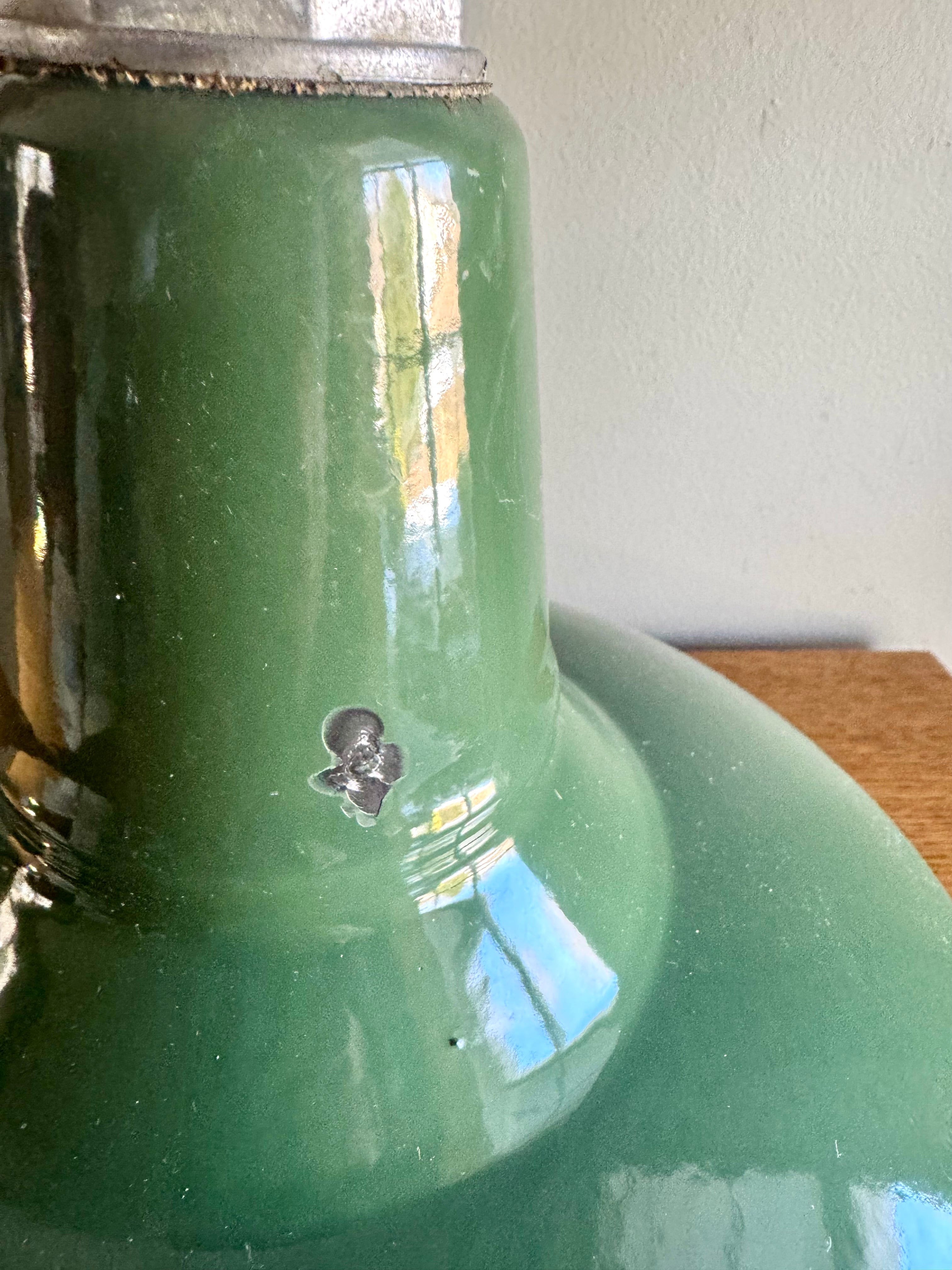 1930's Green Porcelain Industrial Pendant Lamp | 14" Benjamin Enamel Metal Shade Pendant Lamp (2 avail)