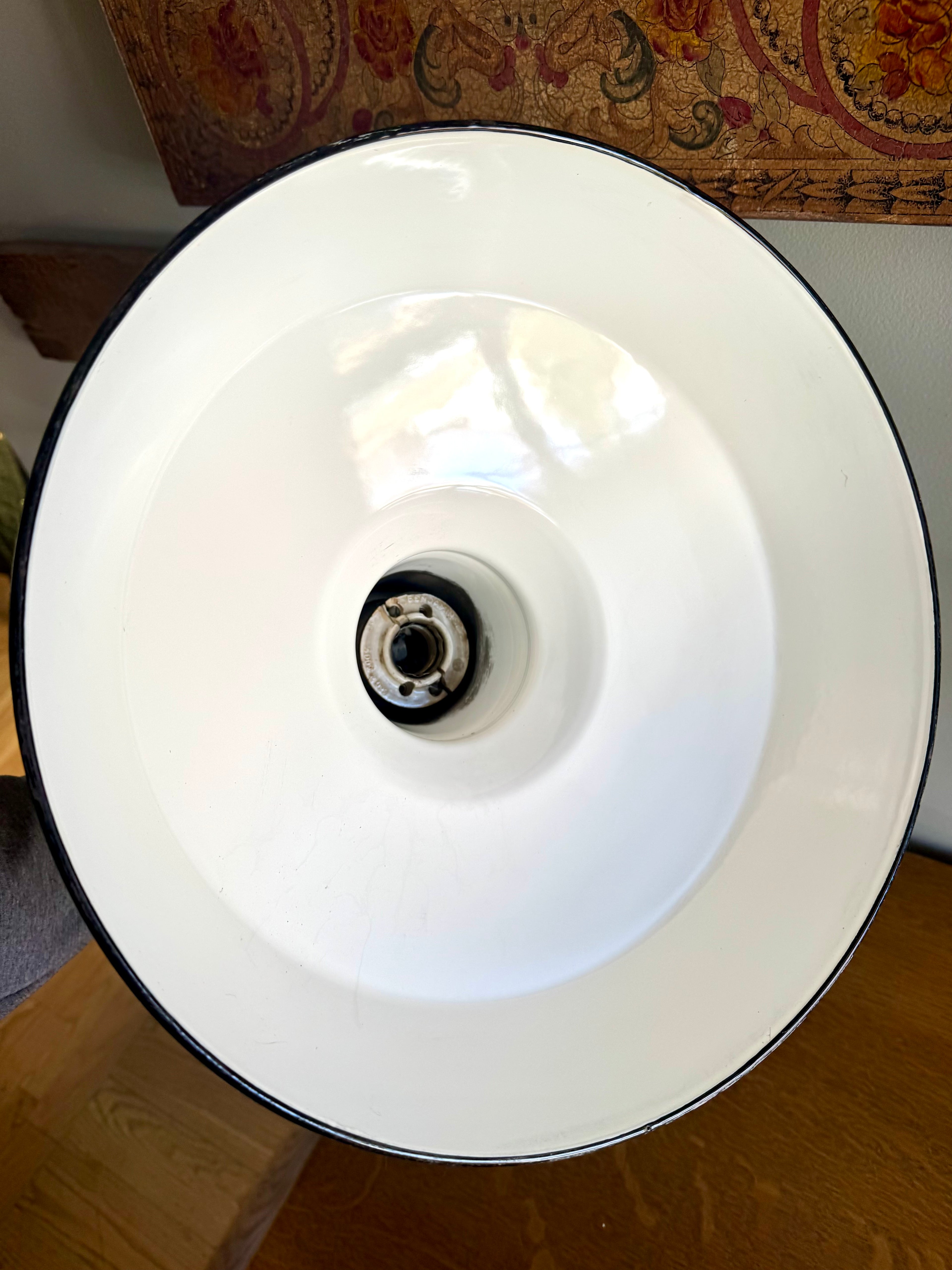 1930's Green Porcelain Industrial Pendant Lamp | 14" Benjamin Enamel Metal Shade Pendant Lamp (2 avail)