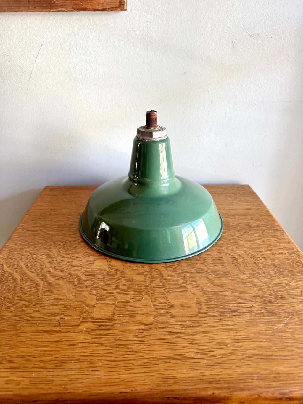 1930's Green Porcelain Industrial Pendant Lamp | 12" Benjamin Enamel Metal Shade Pendant Lamp
