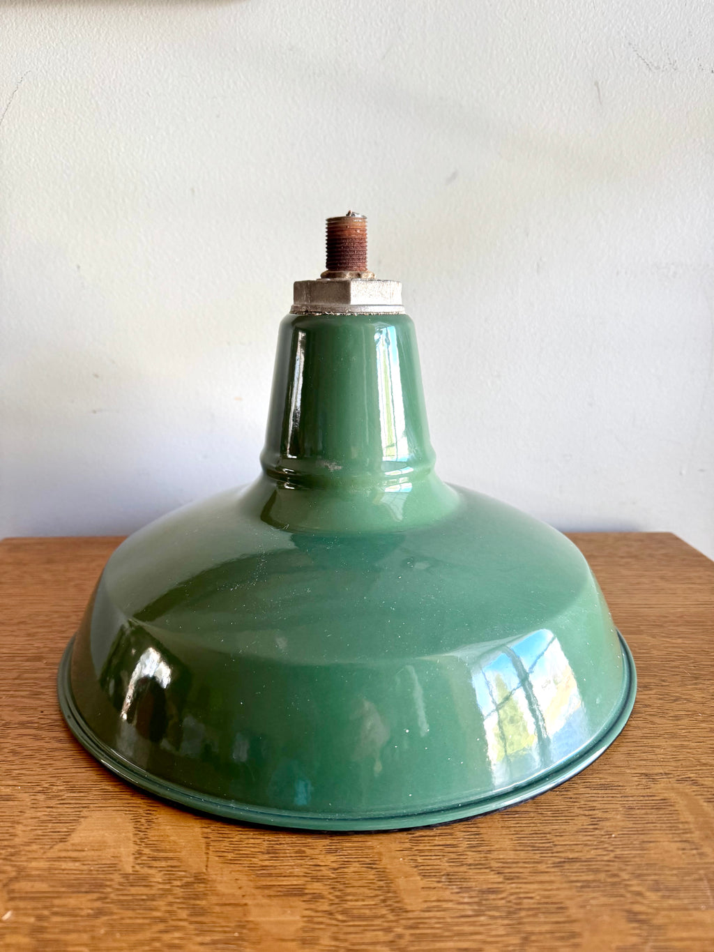 1930's Green Porcelain Industrial Pendant Lamp | 12" Benjamin Enamel Metal Shade Pendant Lamp