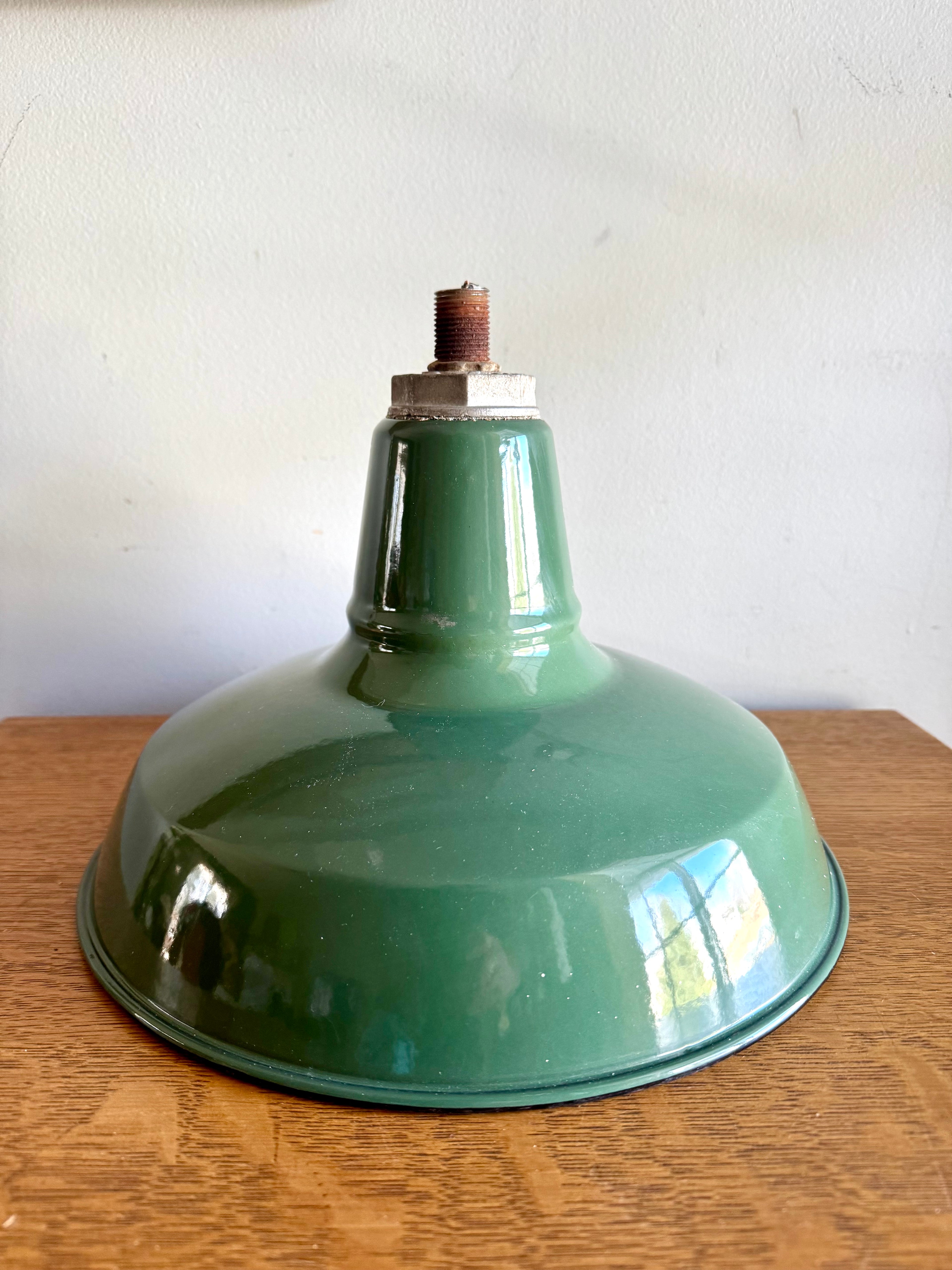 1930's Green Porcelain Industrial Pendant Lamp | 12" Benjamin Enamel Metal Shade Pendant Lamp