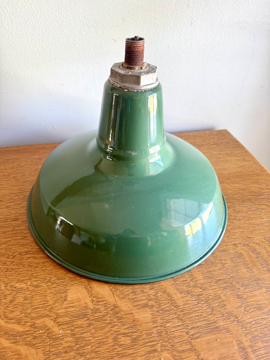1930's Green Porcelain Industrial Pendant Lamp | 12" Benjamin Enamel Metal Shade Pendant Lamp