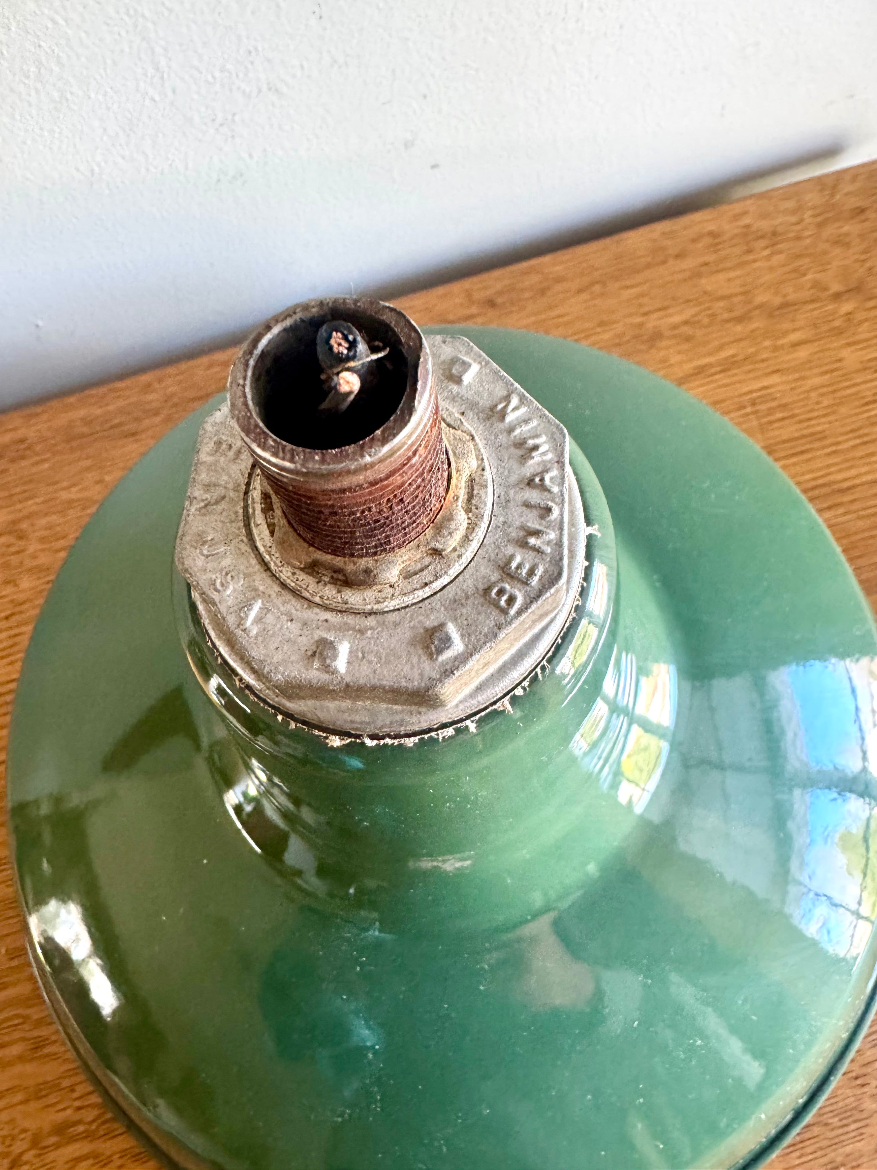 1930's Green Porcelain Industrial Pendant Lamp | 12" Benjamin Enamel Metal Shade Pendant Lamp