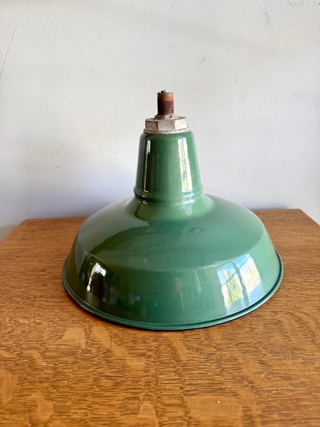 1930's Green Porcelain Industrial Pendant Lamp | 12" Benjamin Enamel Metal Shade Pendant Lamp