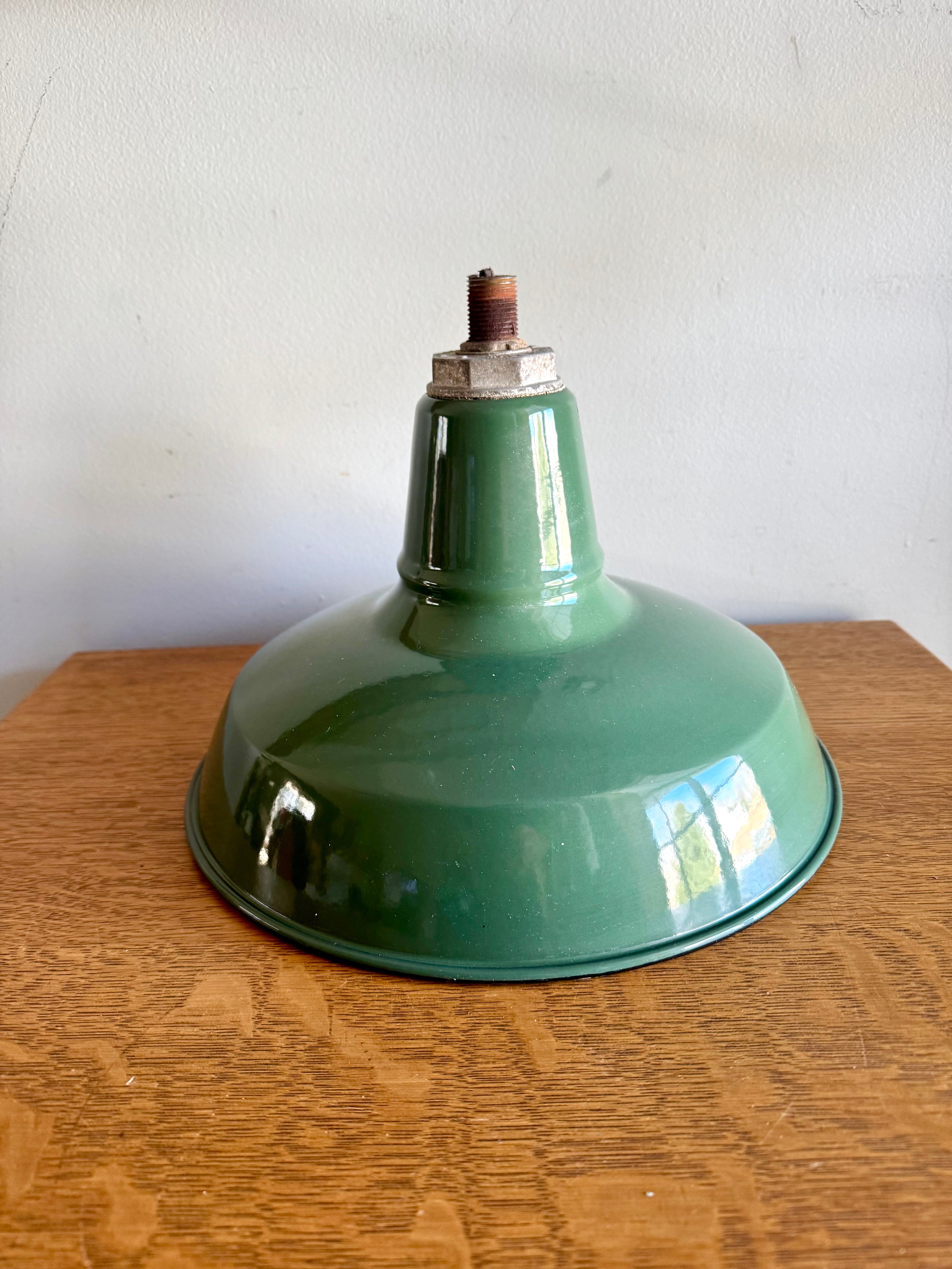 1930's Green Porcelain Industrial Pendant Lamp | 12" Benjamin Enamel Metal Shade Pendant Lamp