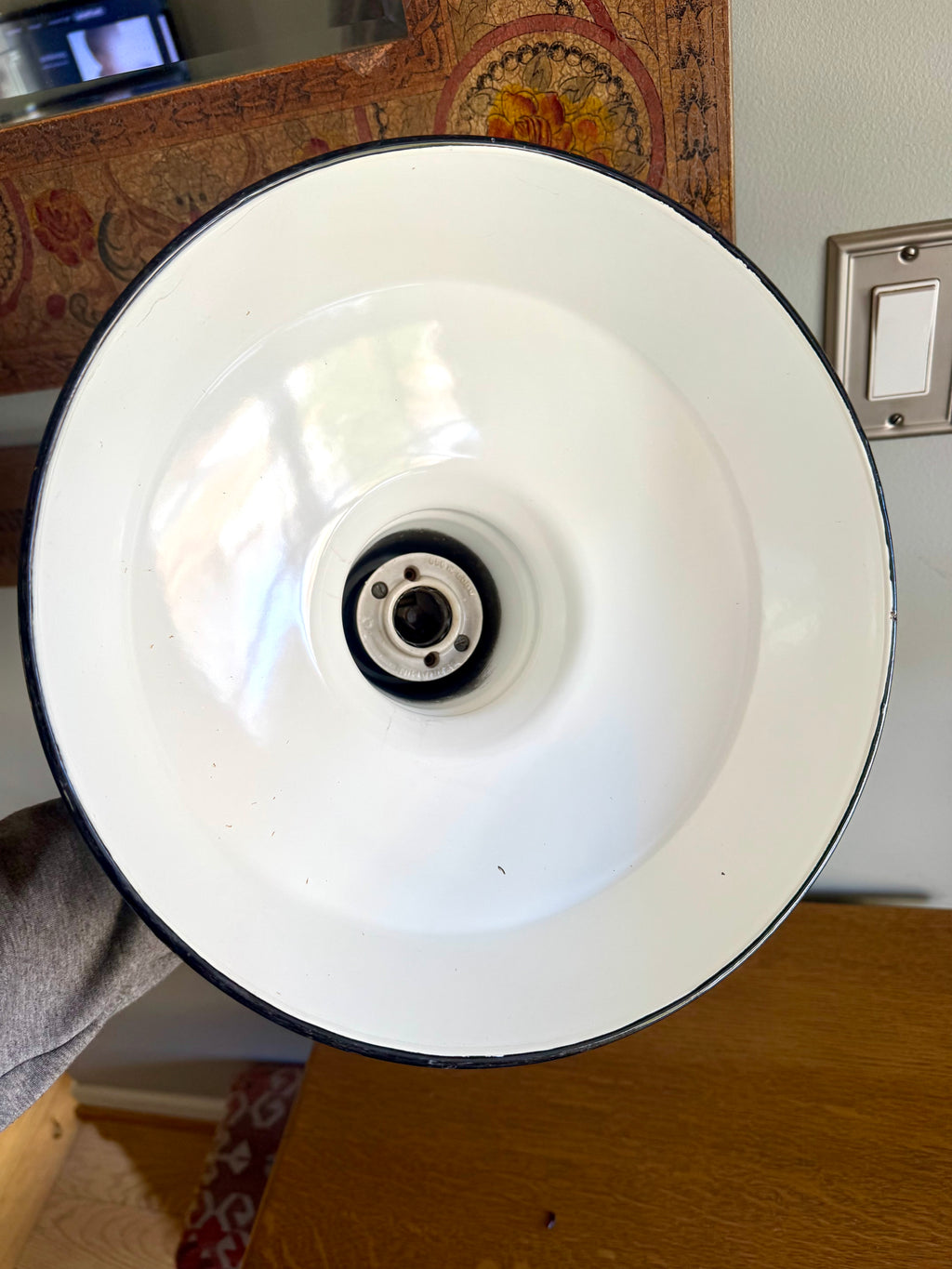 1930's Green Porcelain Industrial Pendant Lamp | 12" Benjamin Enamel Metal Shade Pendant Lamp