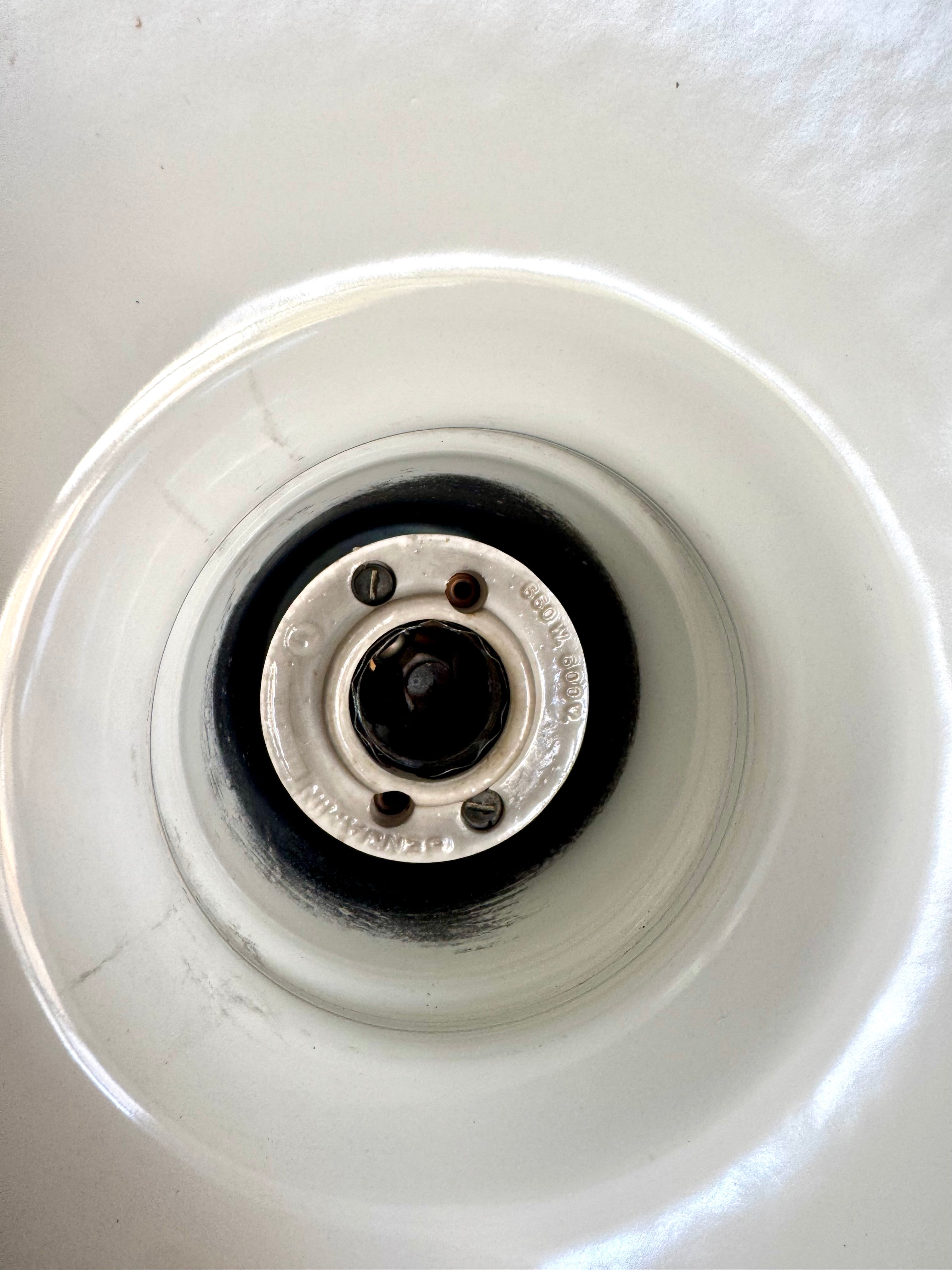 1930's Green Porcelain Industrial Pendant Lamp | 12" Benjamin Enamel Metal Shade Pendant Lamp