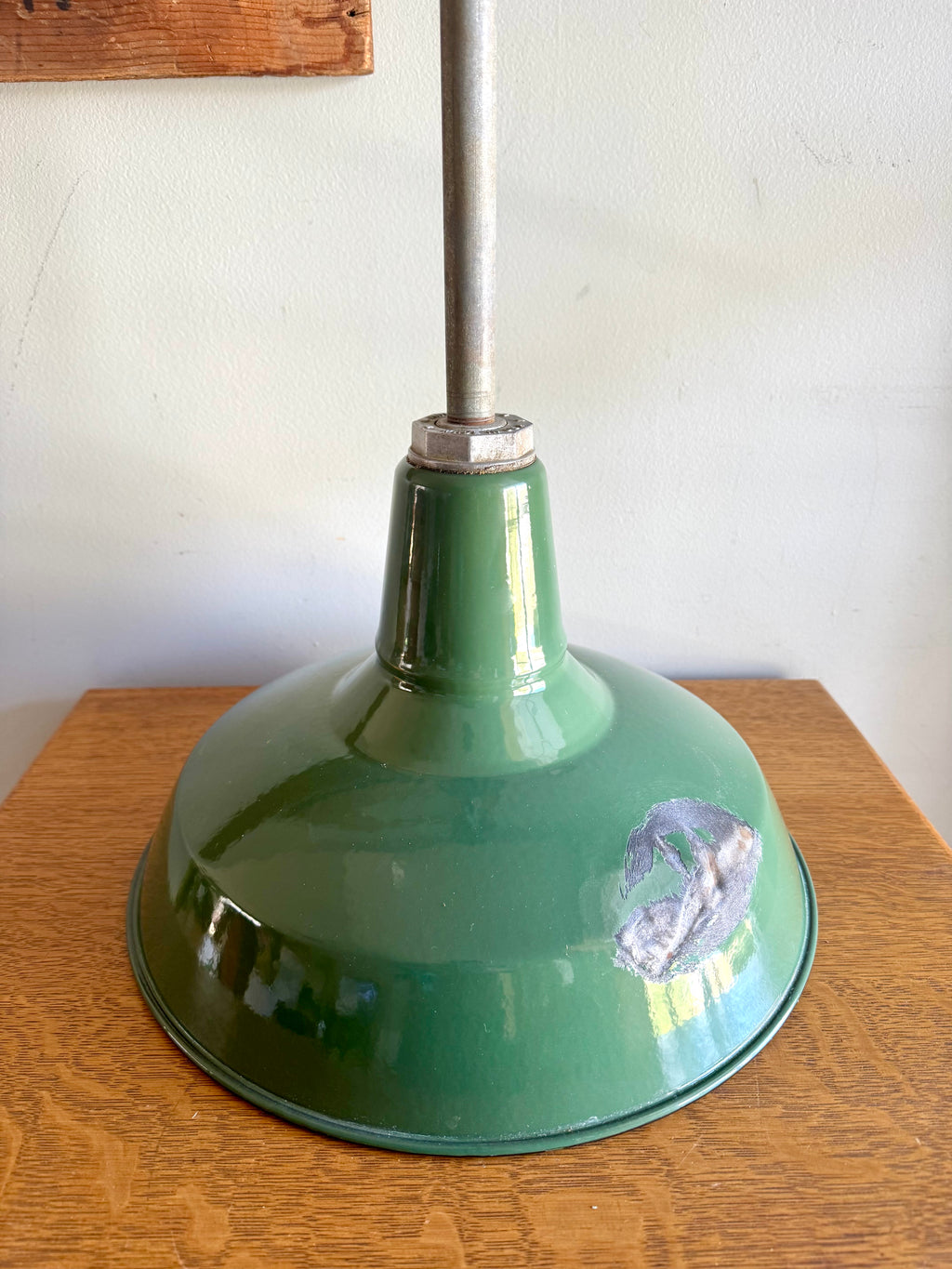 1930's Green Porcelain Distressed Industrial Pendant Lamp | 14" Benjamin Enamel Metal Shade Pendant Lamp