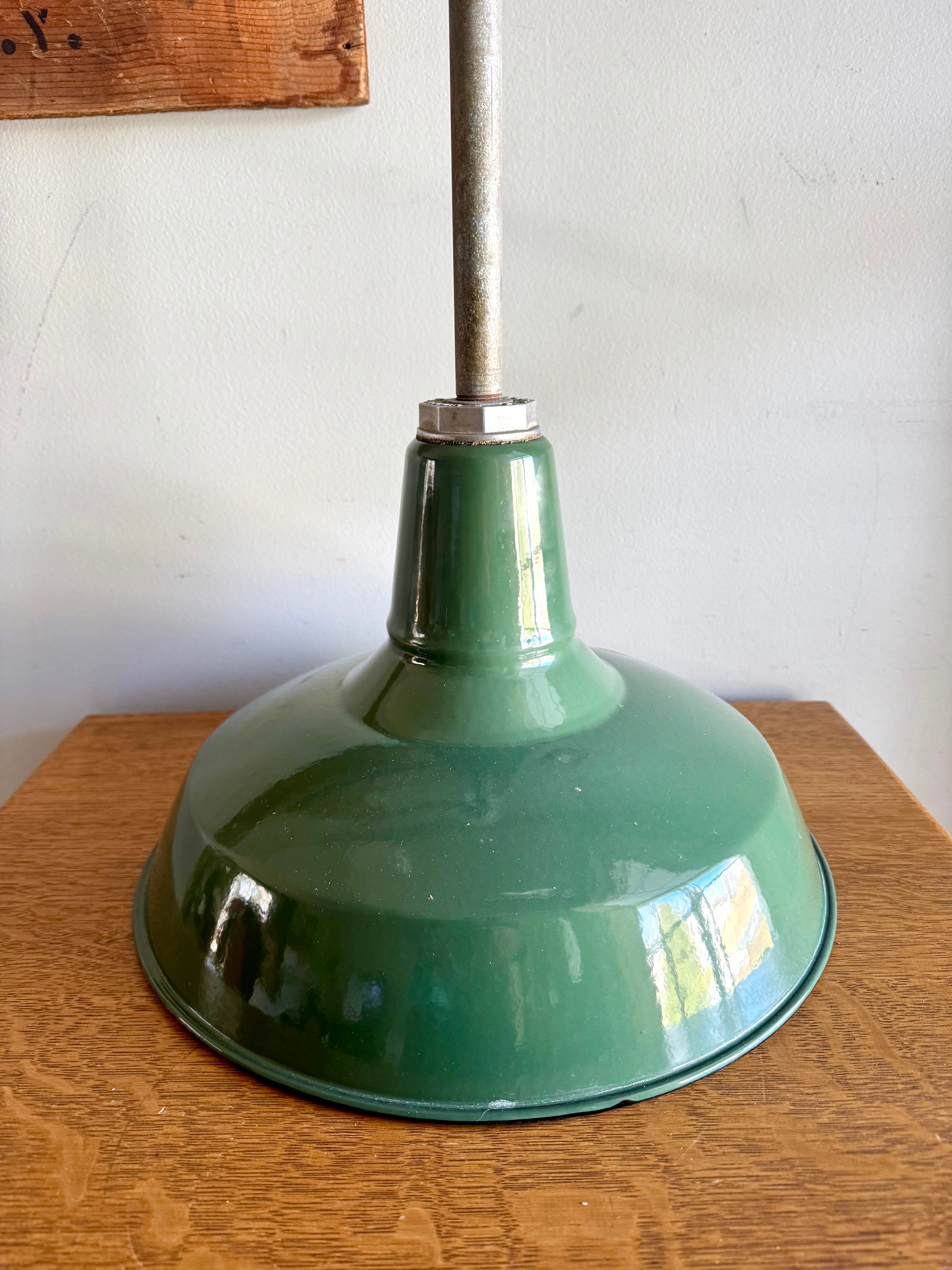 1930's Green Porcelain Distressed Industrial Pendant Lamp | 14" Benjamin Enamel Metal Shade Pendant Lamp