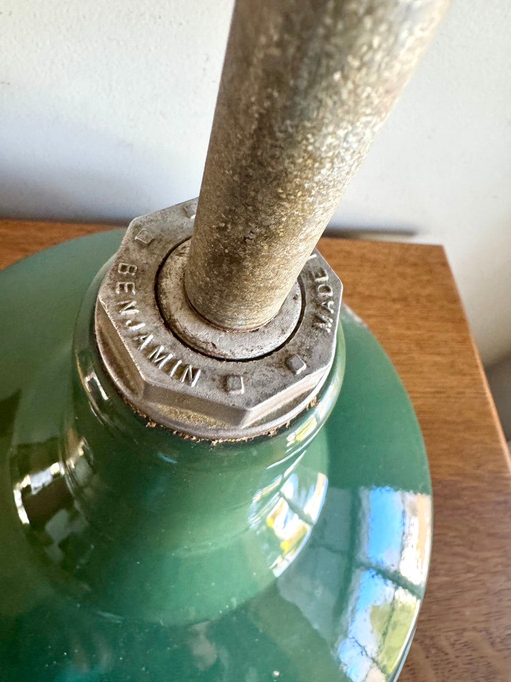 1930's Green Porcelain Distressed Industrial Pendant Lamp | 14" Benjamin Enamel Metal Shade Pendant Lamp