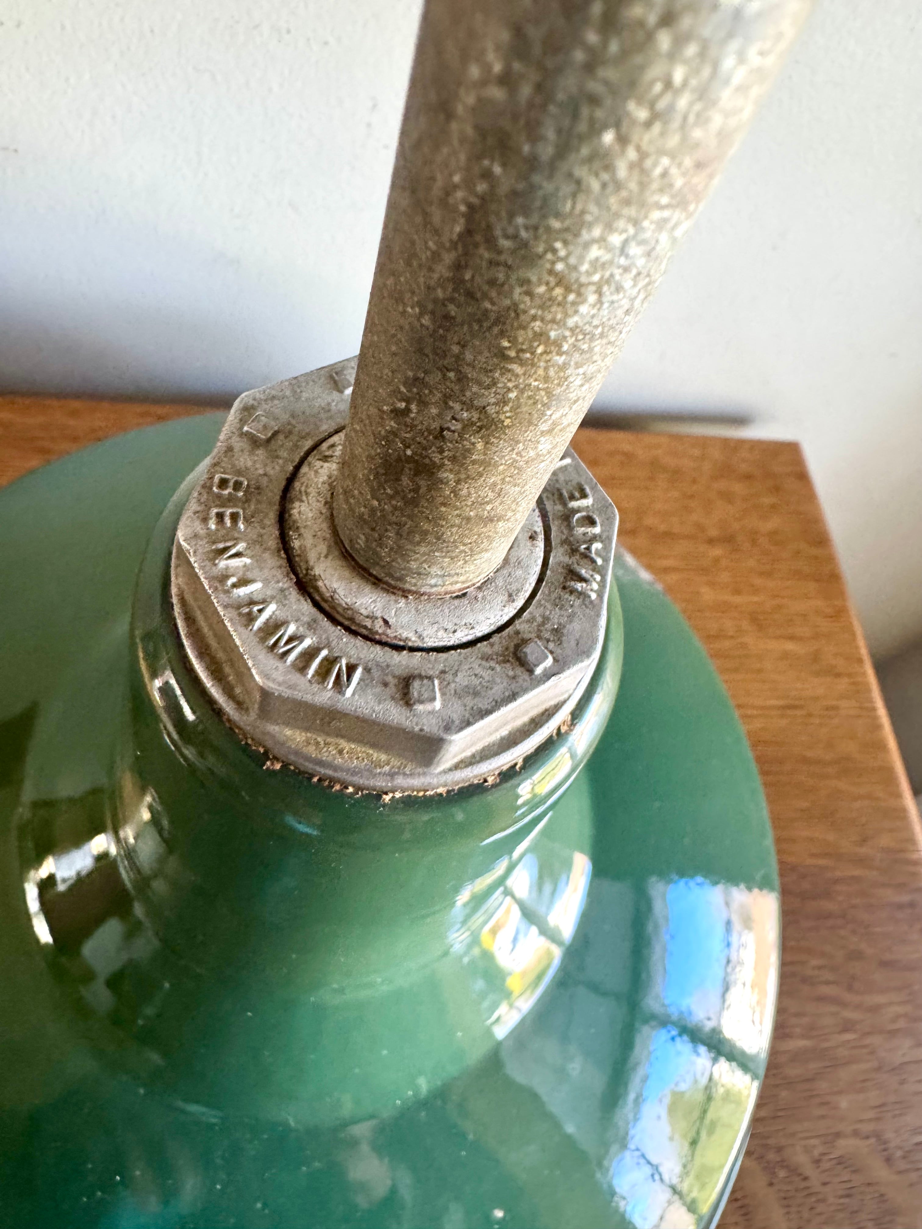 1930's Green Porcelain Distressed Industrial Pendant Lamp | 14" Benjamin Enamel Metal Shade Pendant Lamp