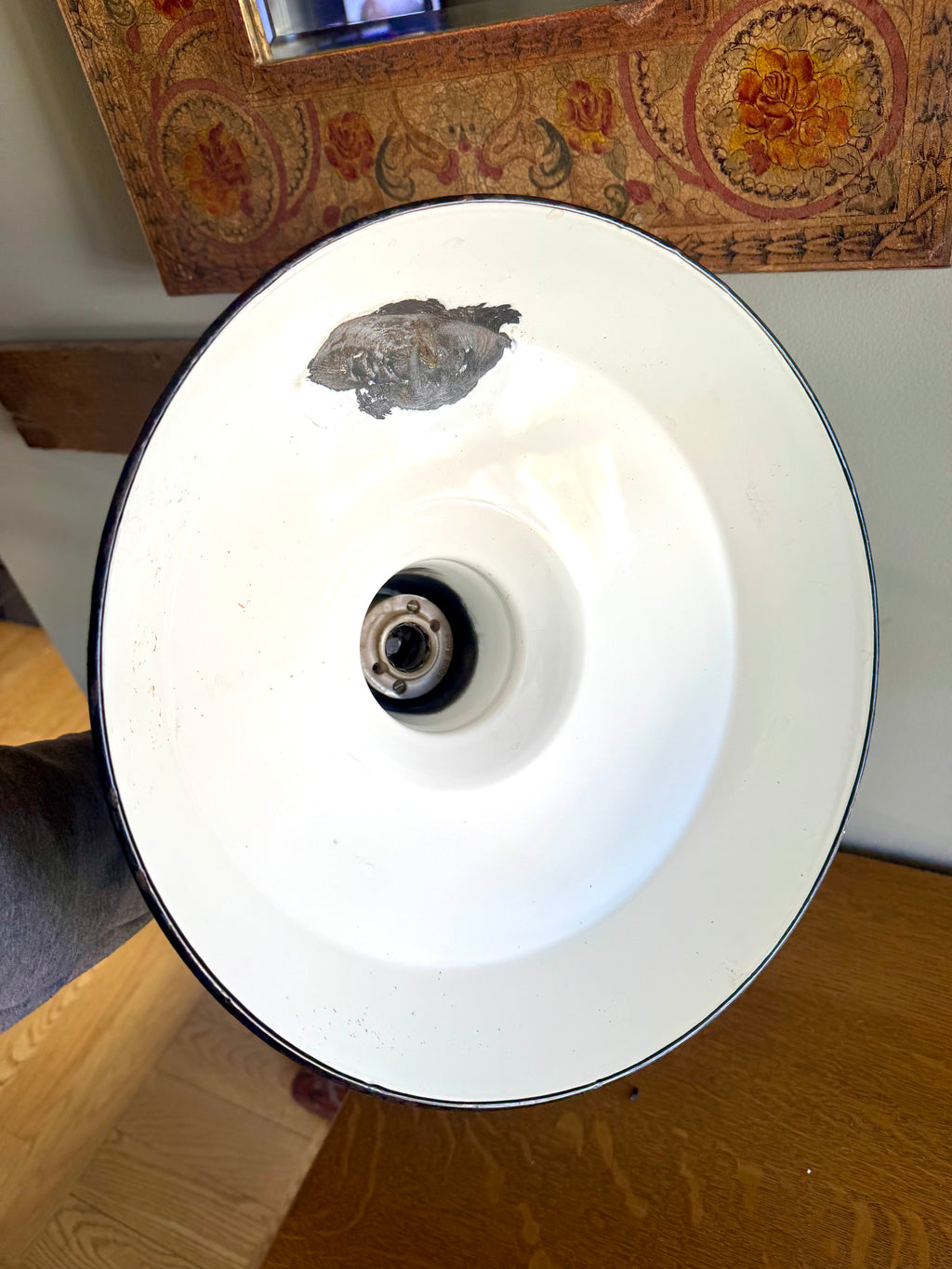 1930's Green Porcelain Distressed Industrial Pendant Lamp | 14" Benjamin Enamel Metal Shade Pendant Lamp