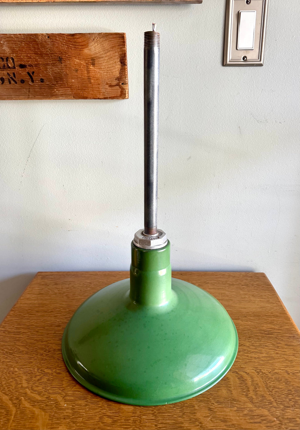 1930's Green Porcelain Distressed Industrial Pendant Lamp | 12" Jackson Enamel Metal Shade Pendant Lamp