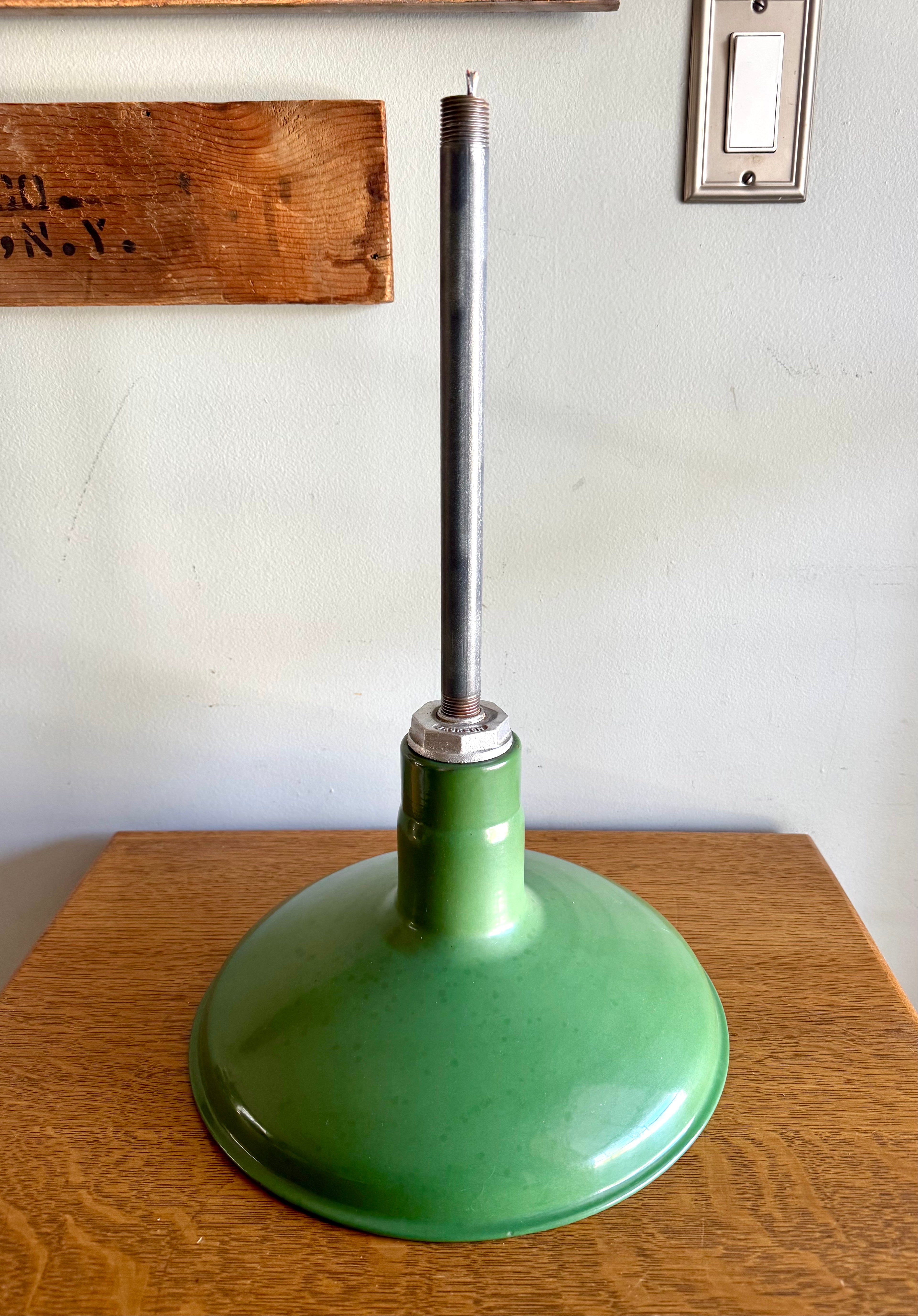 1930's Green Porcelain Distressed Industrial Pendant Lamp | 12" Jackson Enamel Metal Shade Pendant Lamp