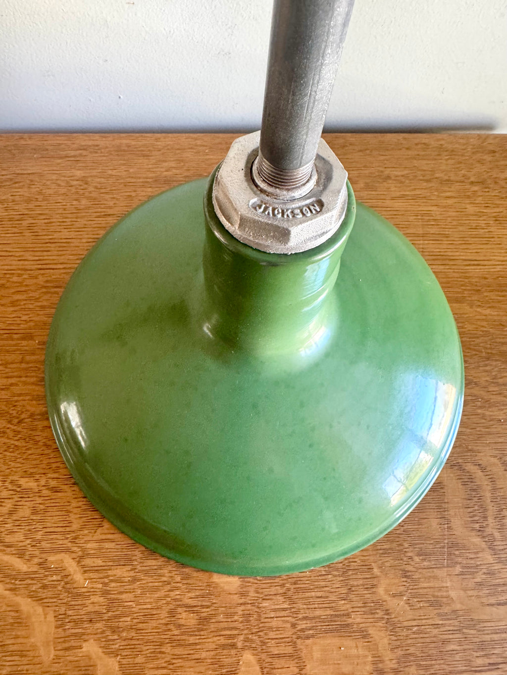 1930's Green Porcelain Distressed Industrial Pendant Lamp | 12" Jackson Enamel Metal Shade Pendant Lamp