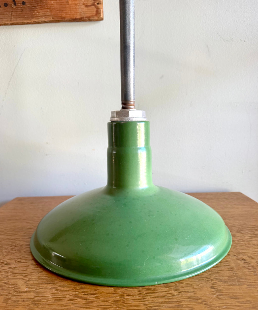 1930's Green Porcelain Distressed Industrial Pendant Lamp | 12" Jackson Enamel Metal Shade Pendant Lamp