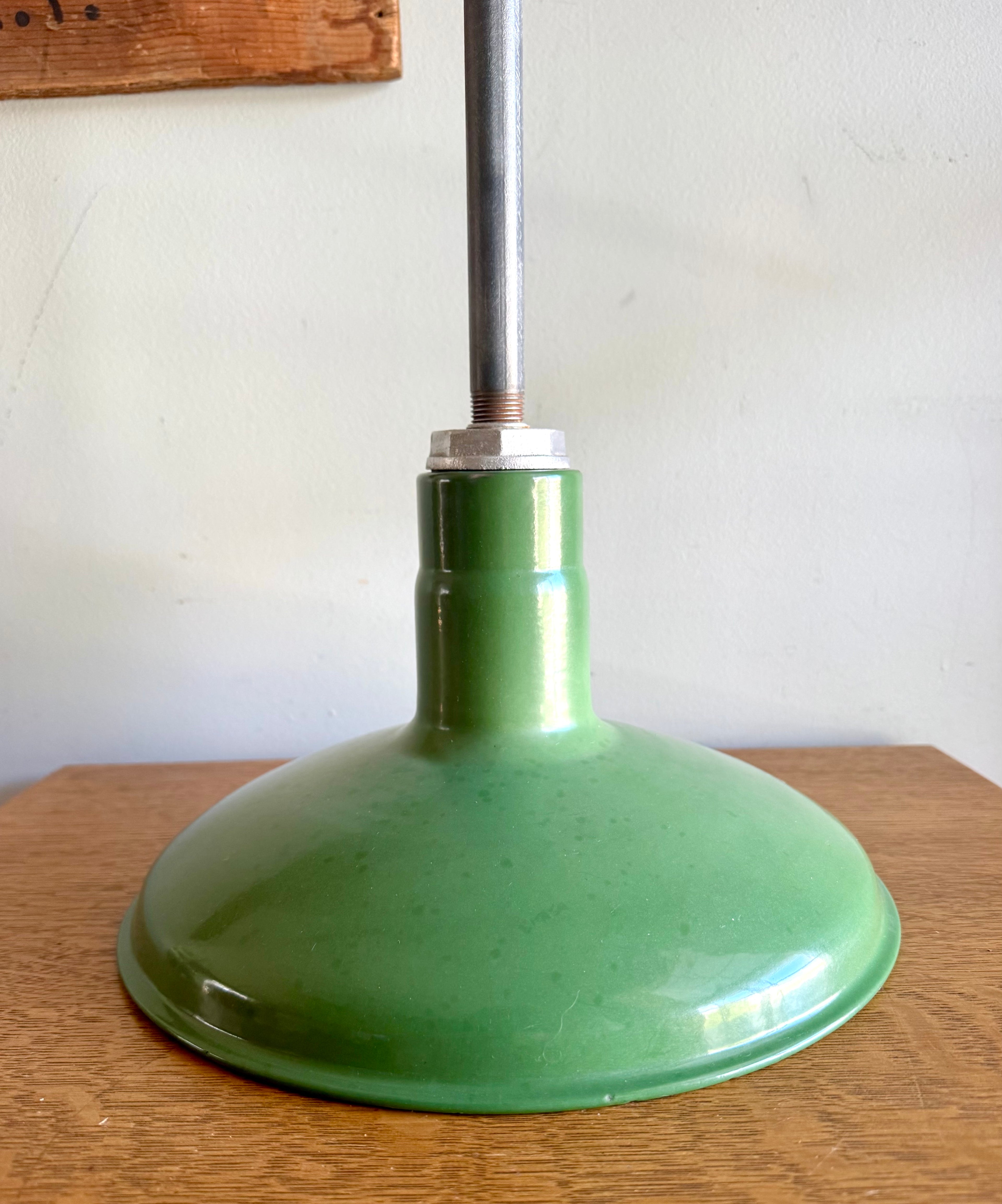 1930's Green Porcelain Distressed Industrial Pendant Lamp | 12" Jackson Enamel Metal Shade Pendant Lamp