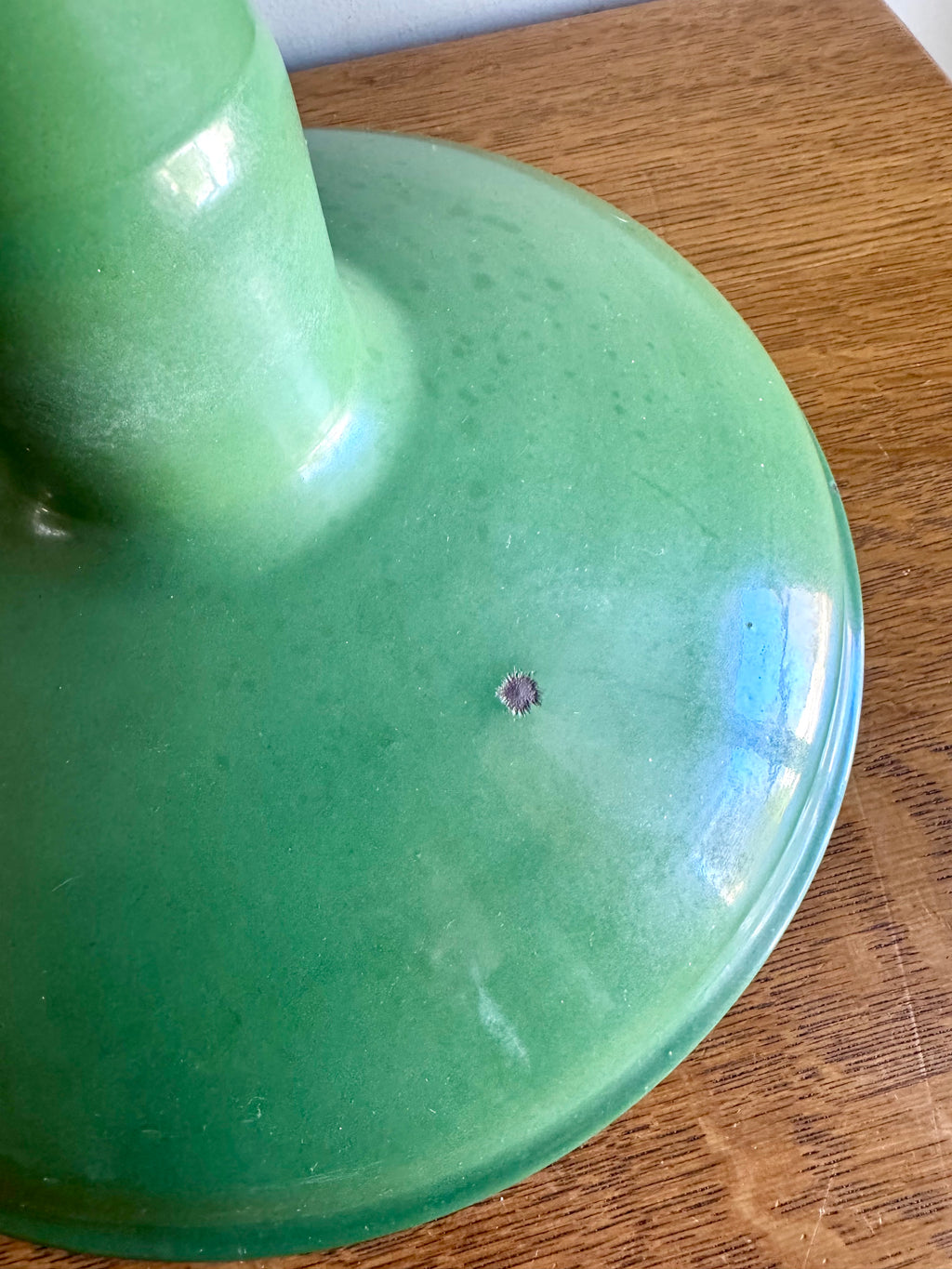 1930's Green Porcelain Distressed Industrial Pendant Lamp | 12" Jackson Enamel Metal Shade Pendant Lamp