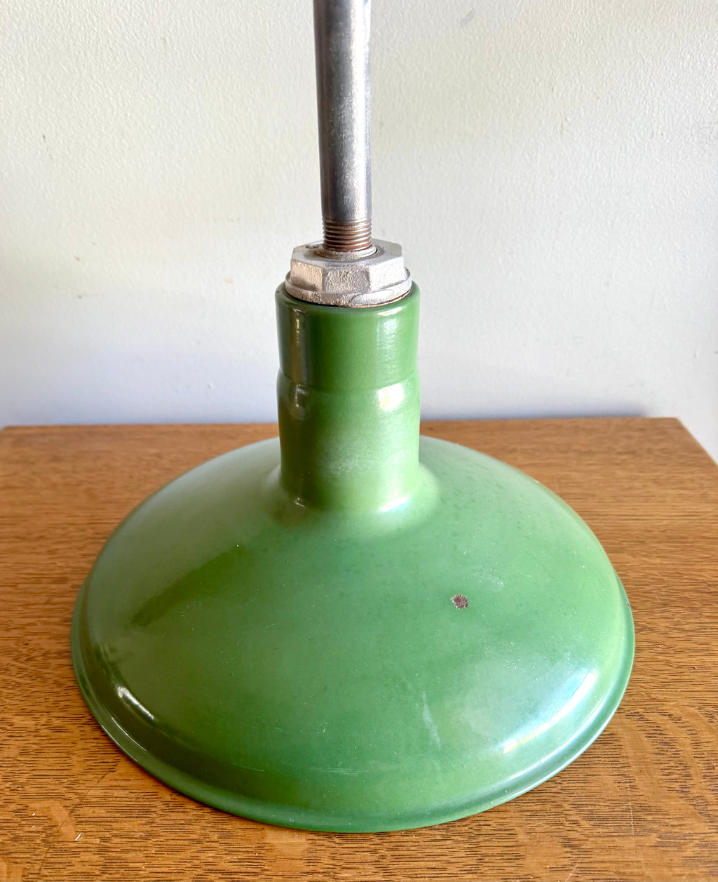 1930's Green Porcelain Distressed Industrial Pendant Lamp | 12" Jackson Enamel Metal Shade Pendant Lamp