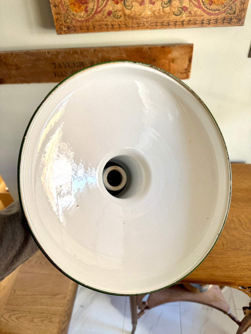 1930's Green Porcelain Distressed Industrial Pendant Lamp | 12" Jackson Enamel Metal Shade Pendant Lamp