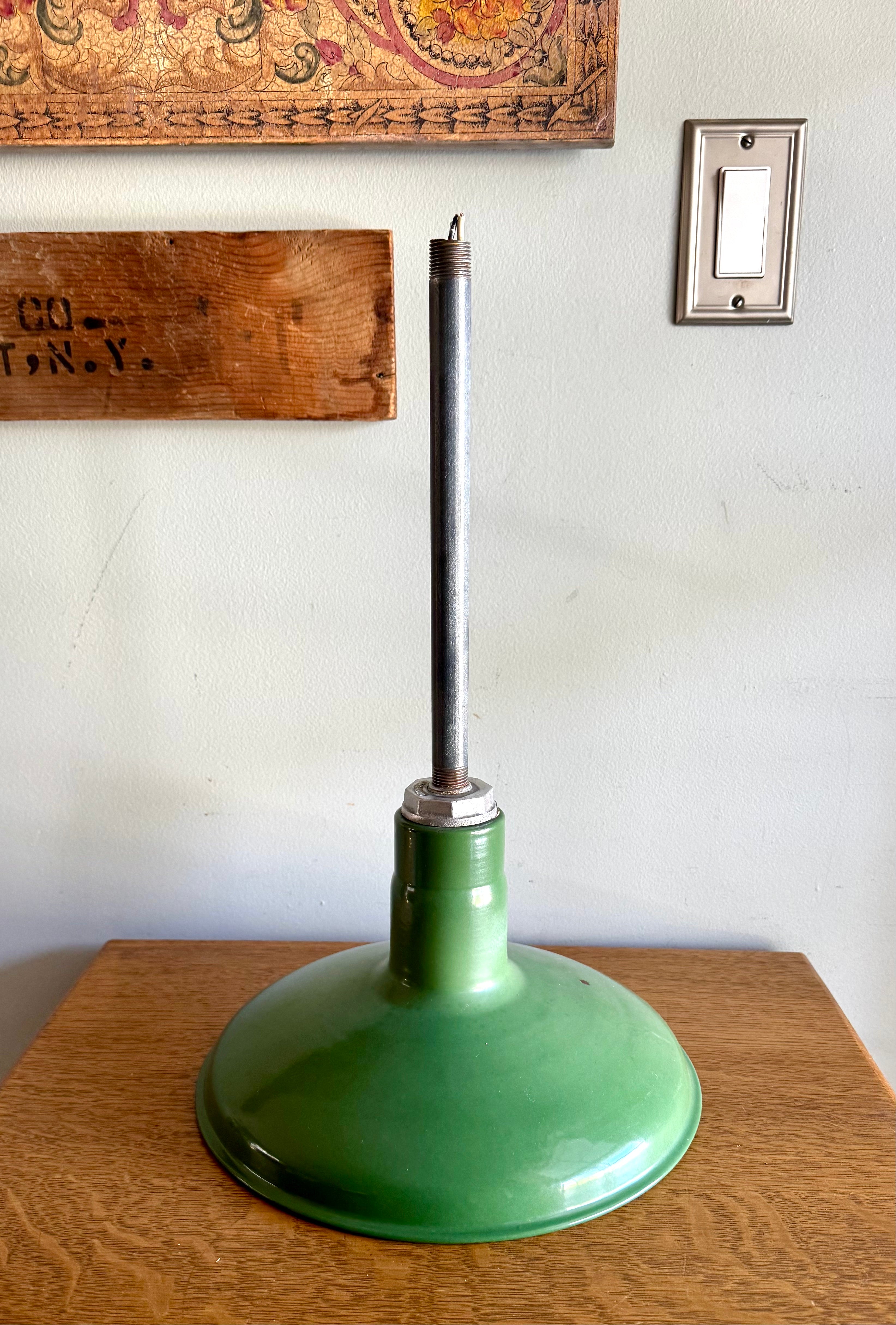 1930's Green Porcelain Distressed Industrial Pendant Lamp | 12" Jackson Enamel Metal Shade Pendant Lamp