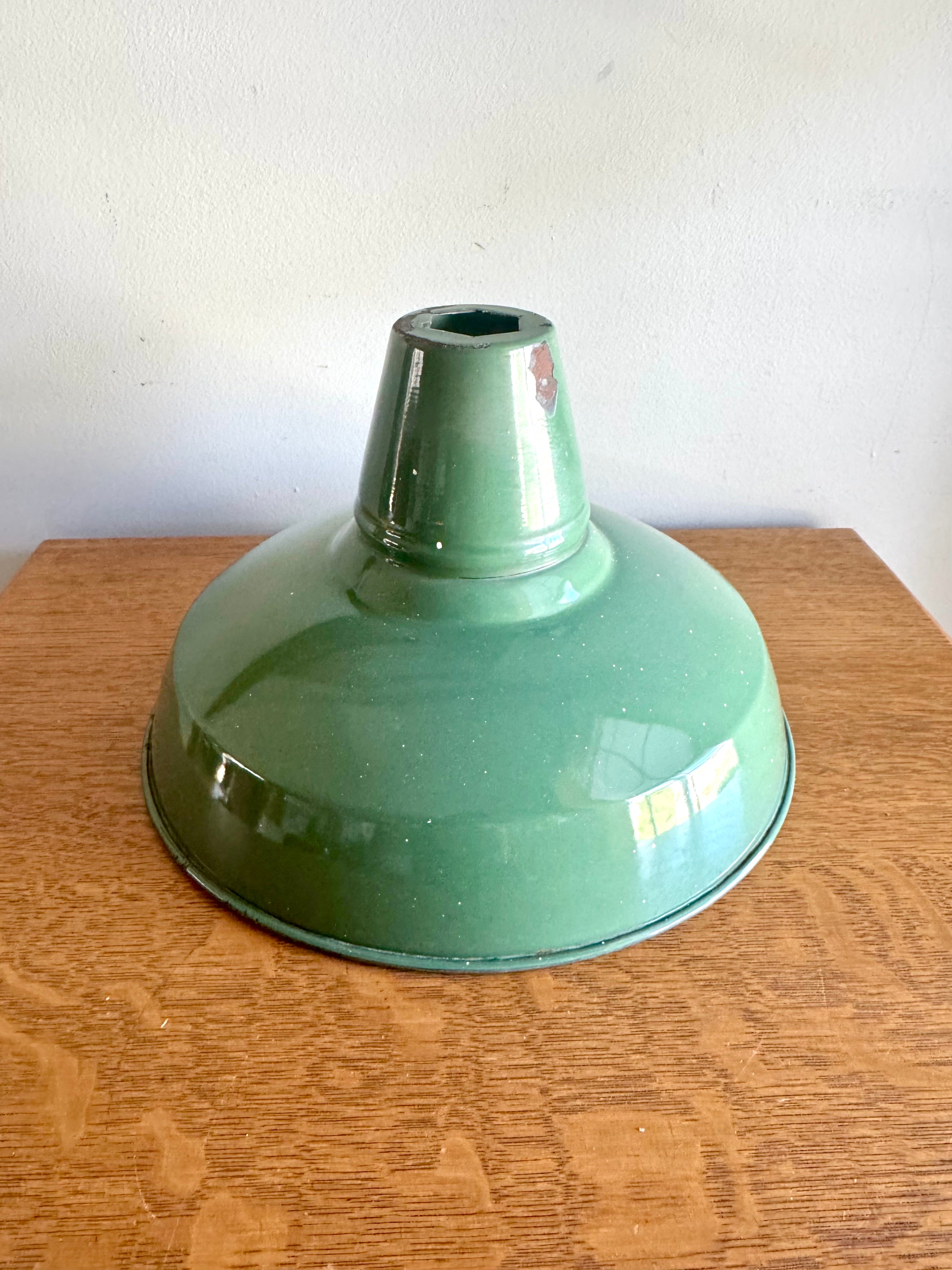 1930's Green Distressed Porcelain Industrial Pendant Lamp Shade | 12" Wheeler Enamel Metal Shade