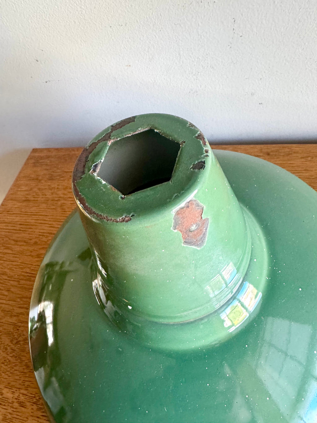 1930's Green Distressed Porcelain Industrial Pendant Lamp Shade | 12" Wheeler Enamel Metal Shade